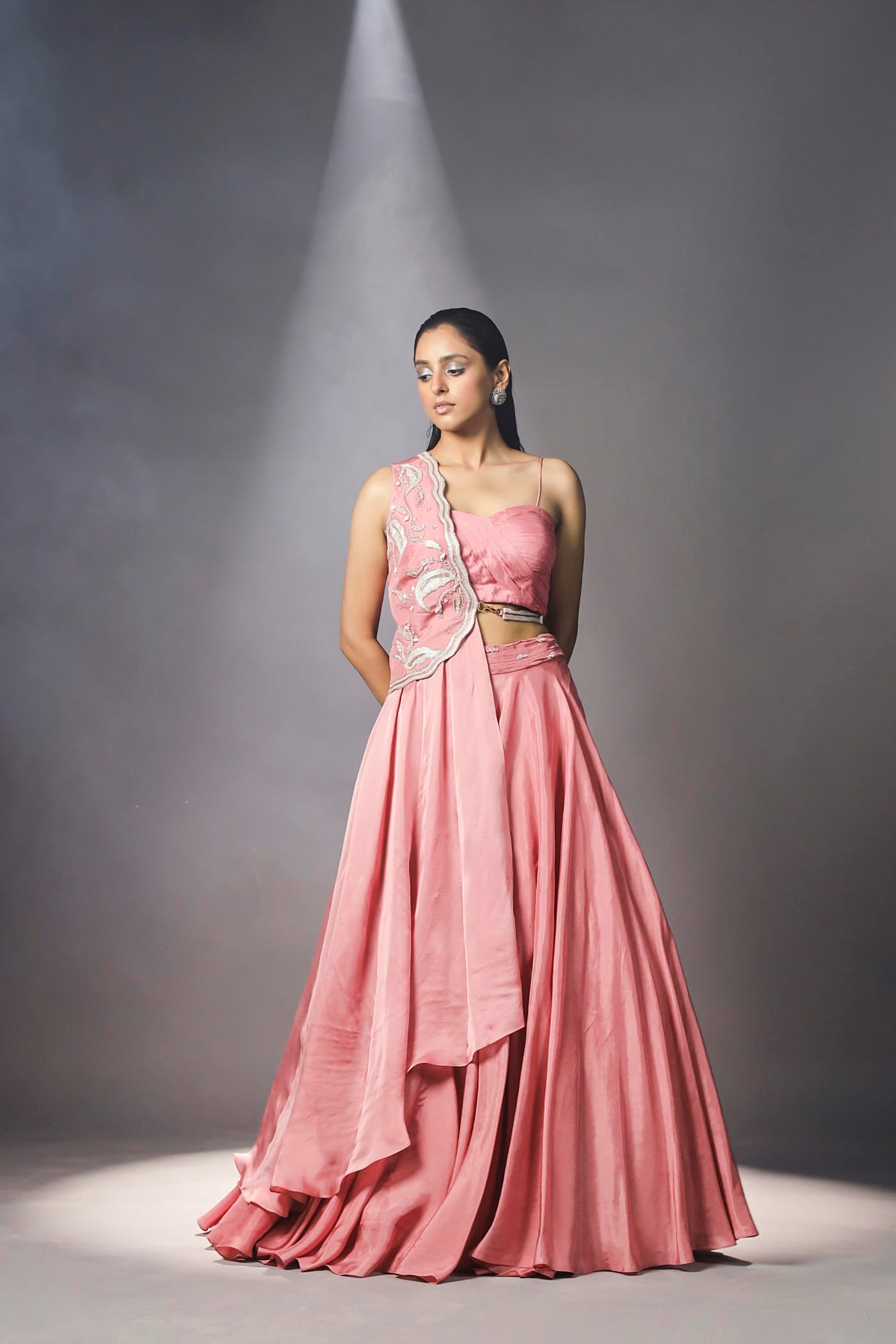 Cashmere rose pink skirt set with jacket dupatta