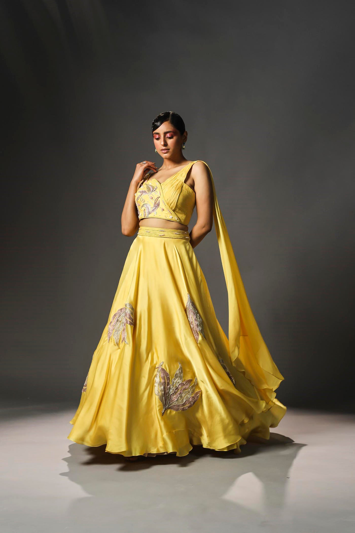 Daffodil organza silk lehenga set with draped blouse