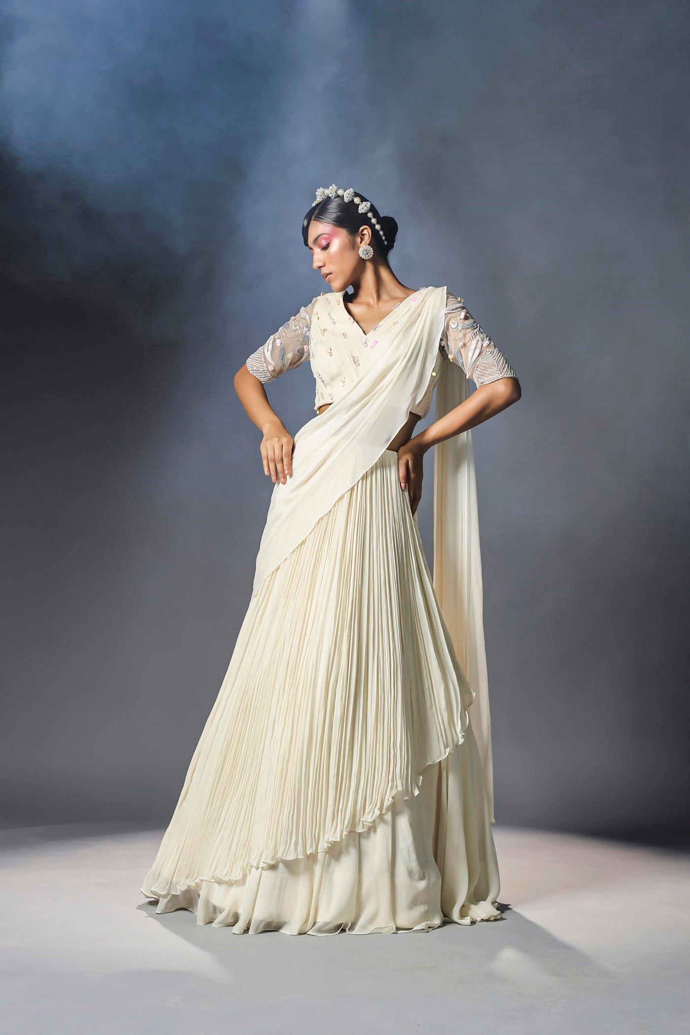 Shell white pre-stitched drape saree set