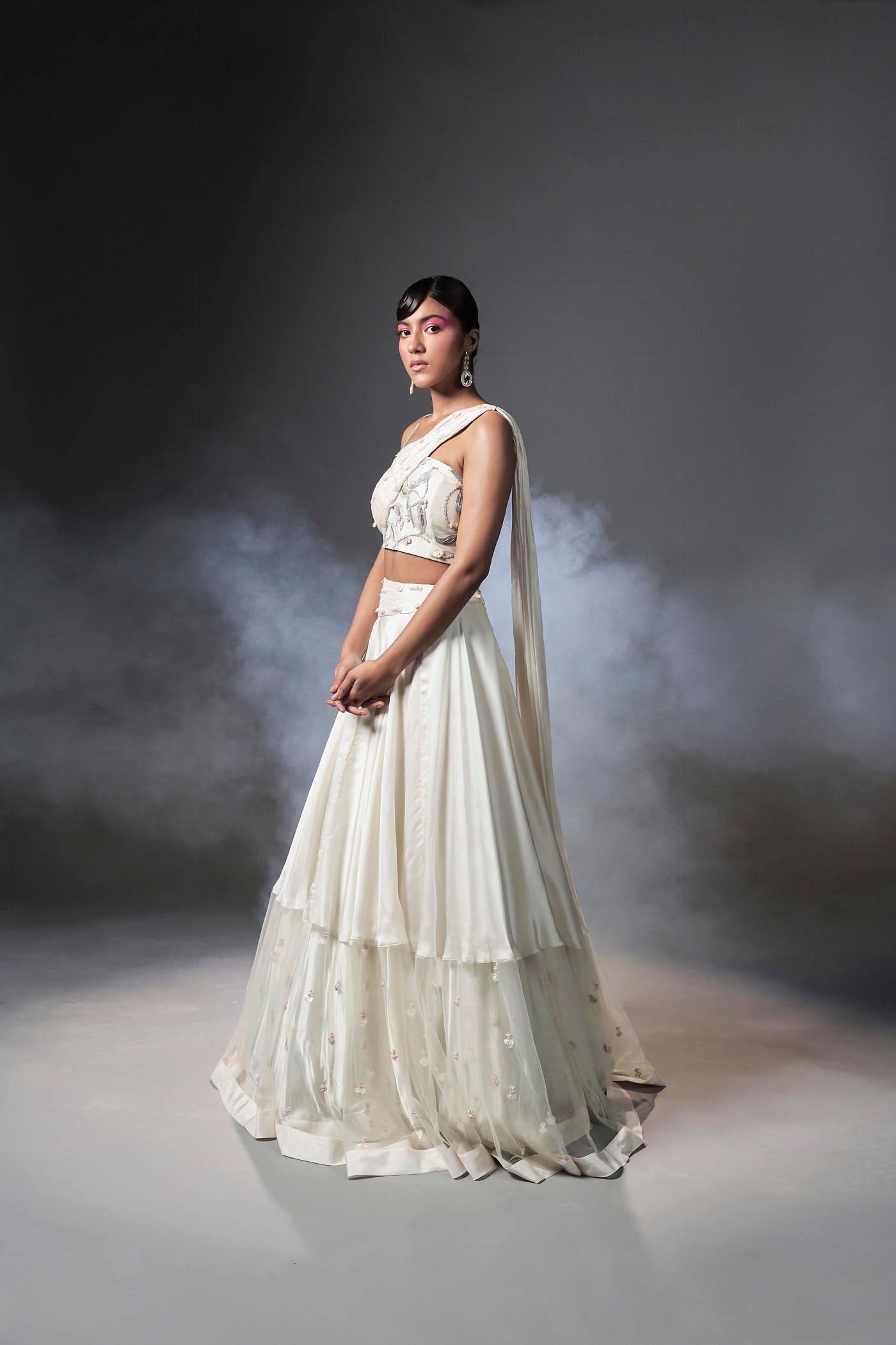 Shell white lehenga set with one shoulder drape top