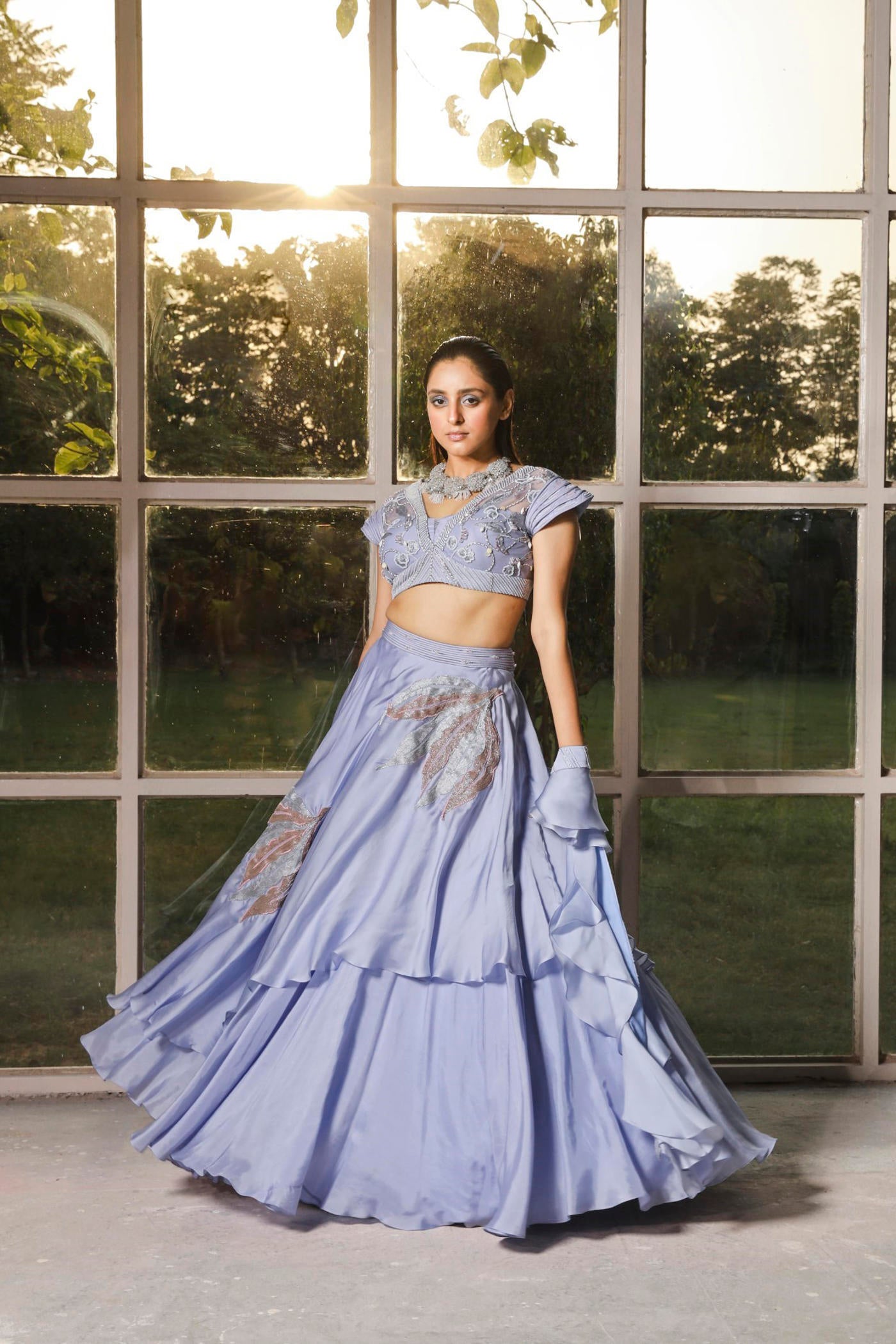 Periwinkle embroidered double layer lehenga set with ruffle dupatta