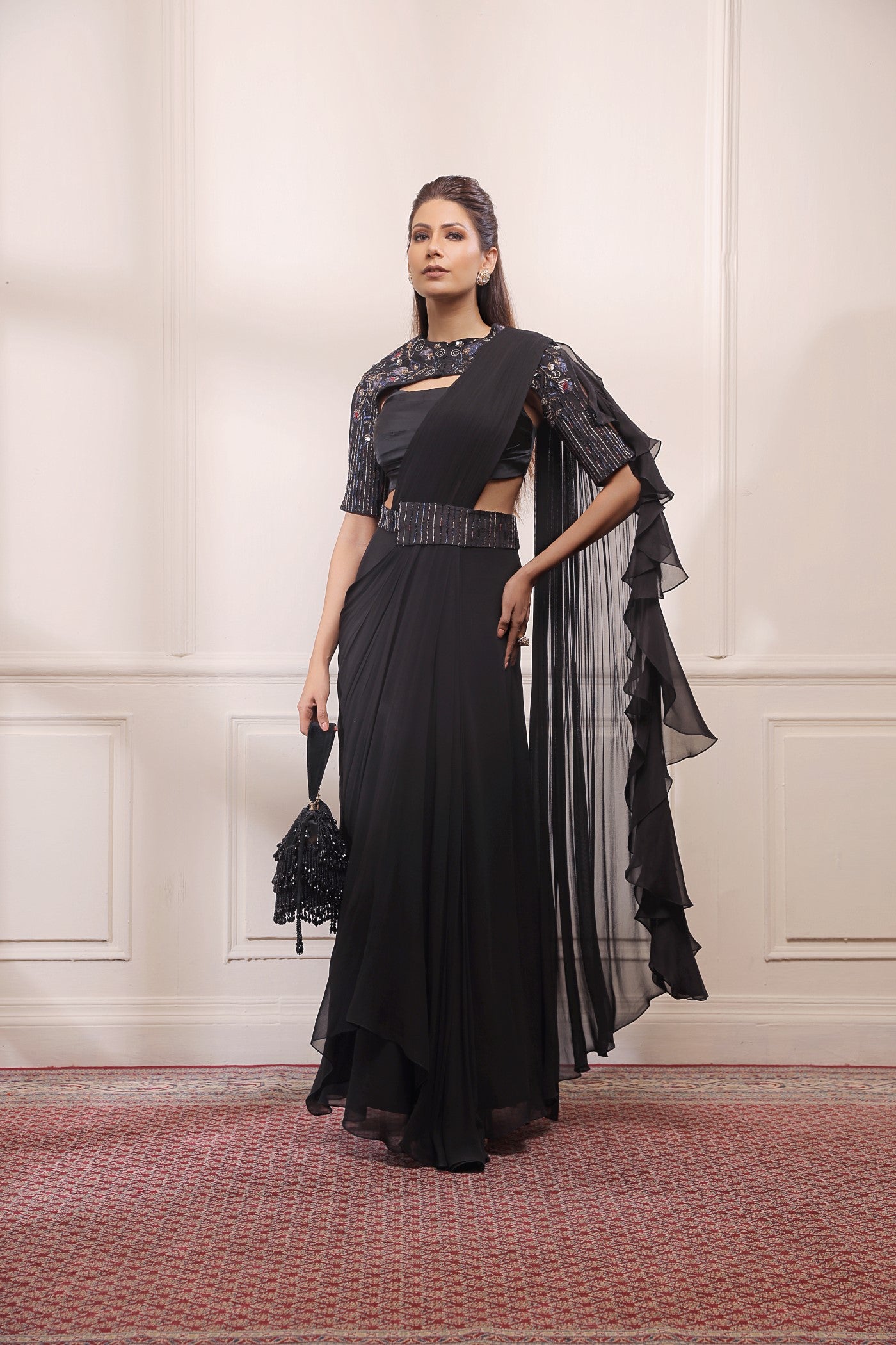 Black onyx drape saree with embroidered cape