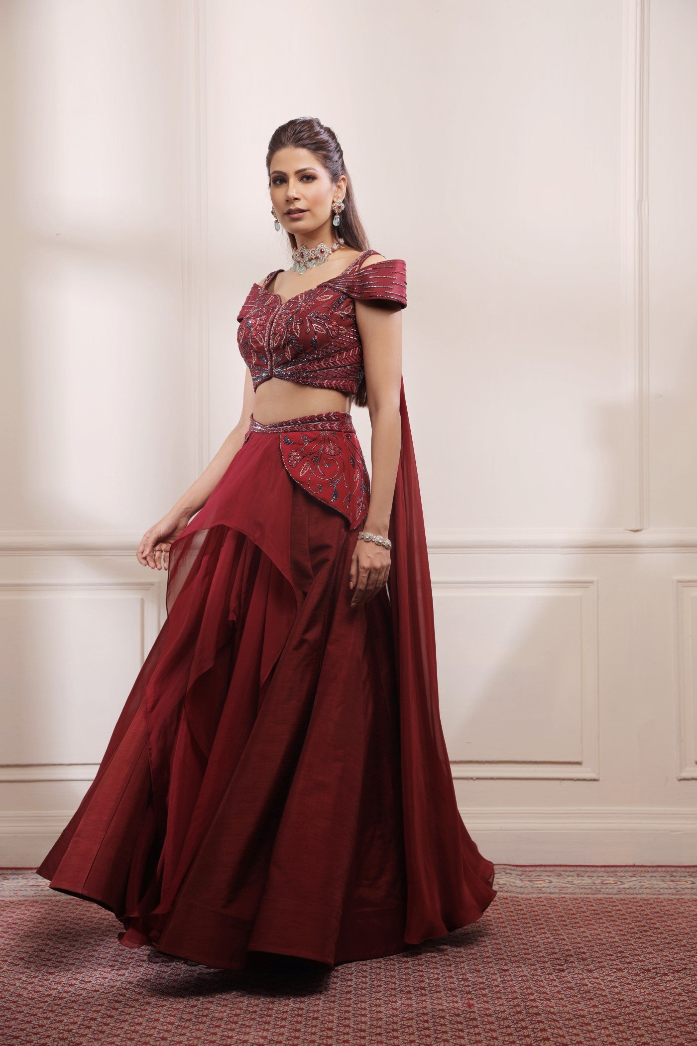 Ruby red cocktail lehenga set with winged dupatta