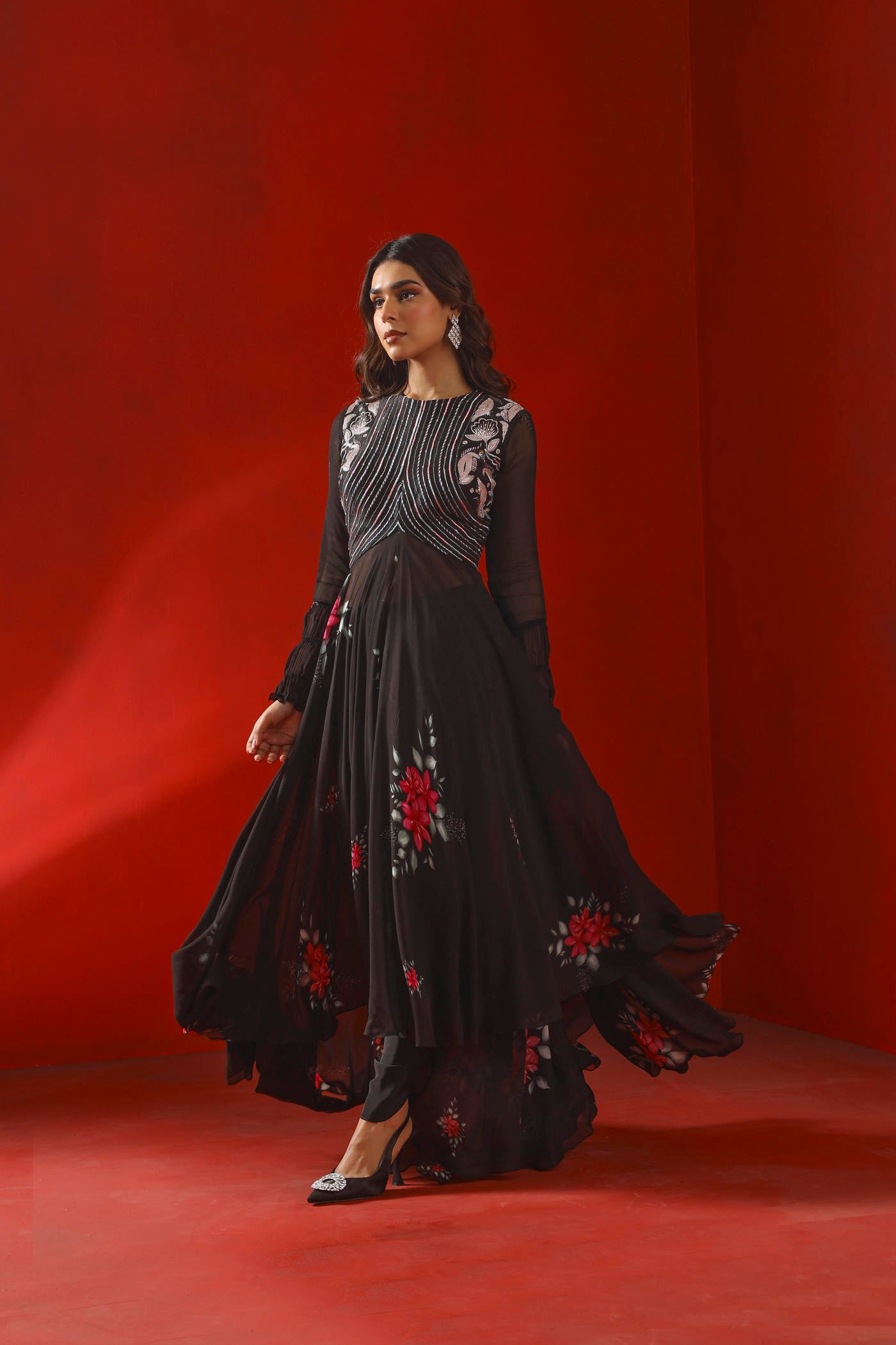 Black magnolia printed and embroidered Kurta set