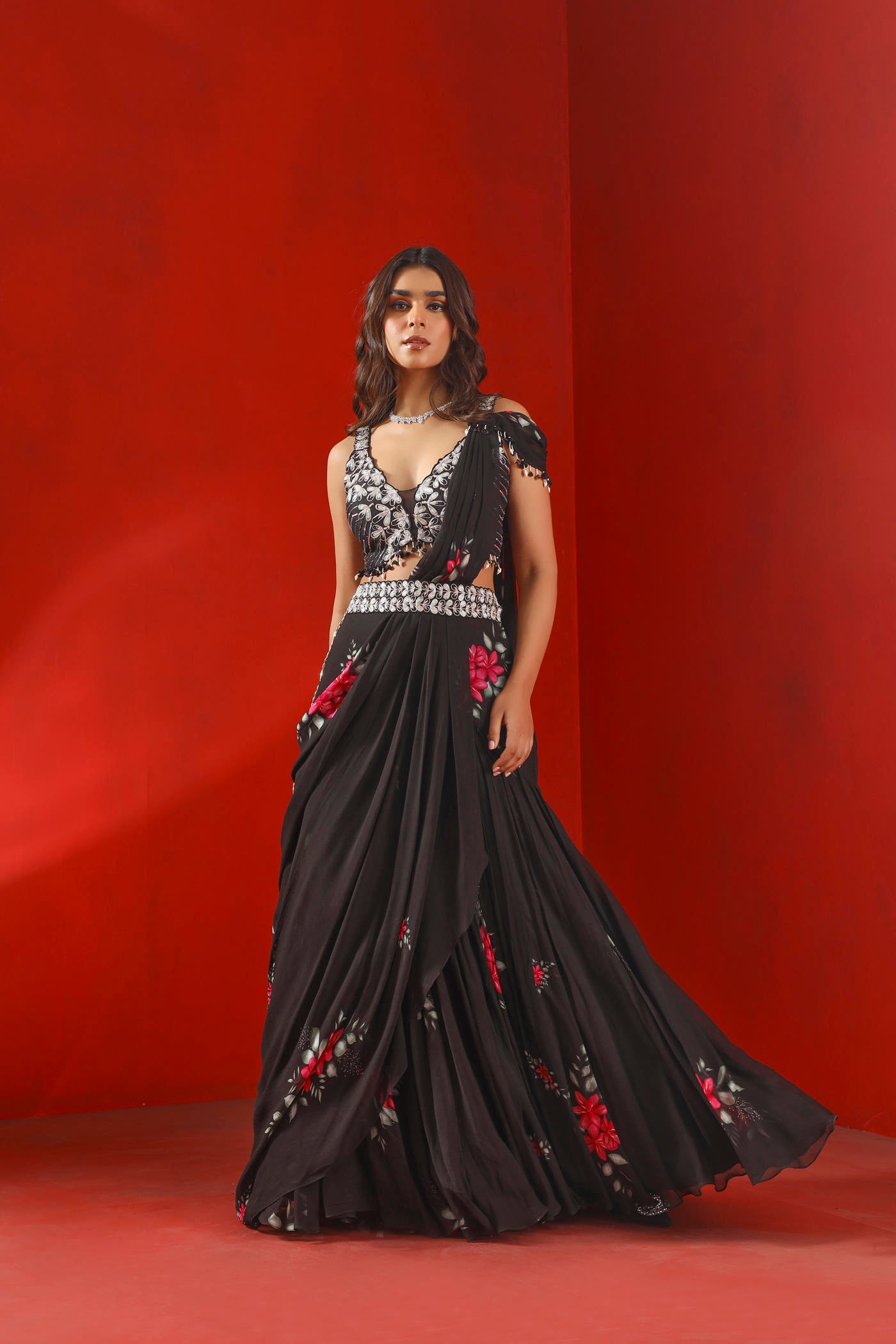 Black magnolia printed concept saree set