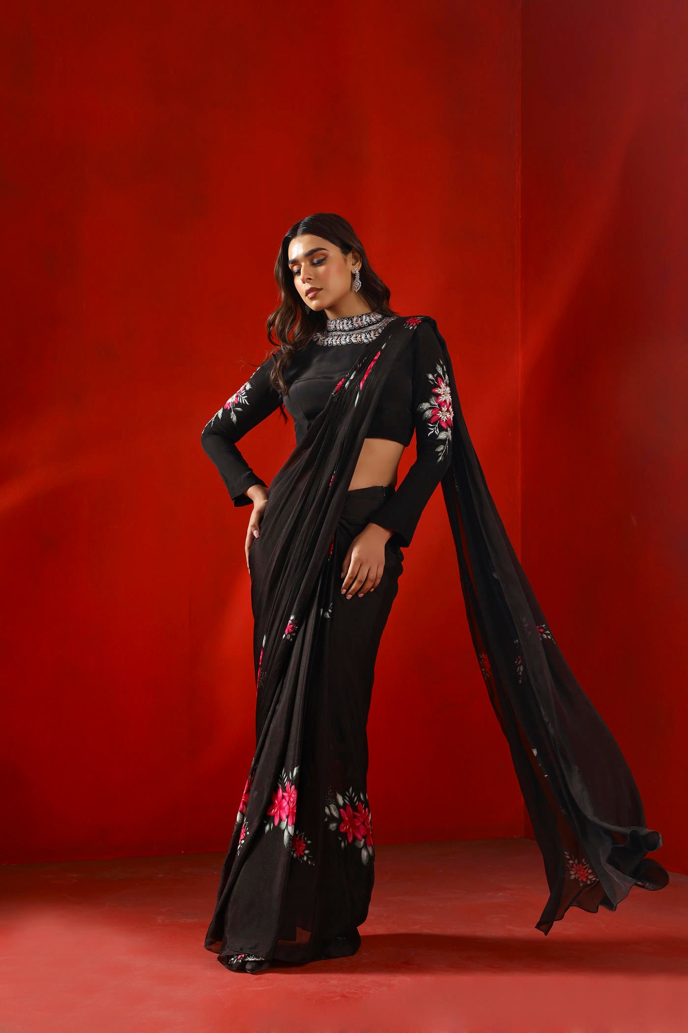 Black magnolia printed and embroidered pre stitched saree set