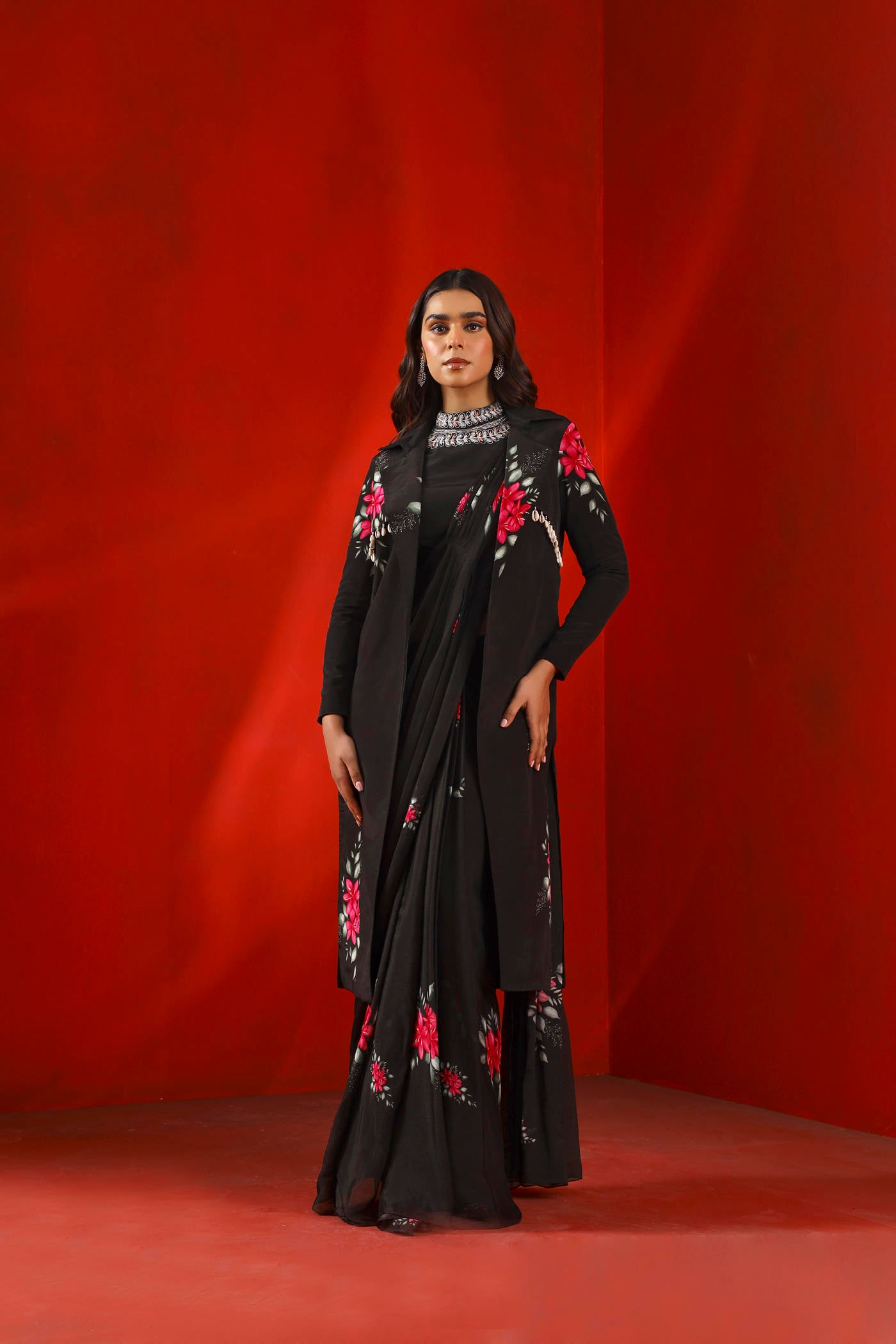 Black magnolia silk trench coat