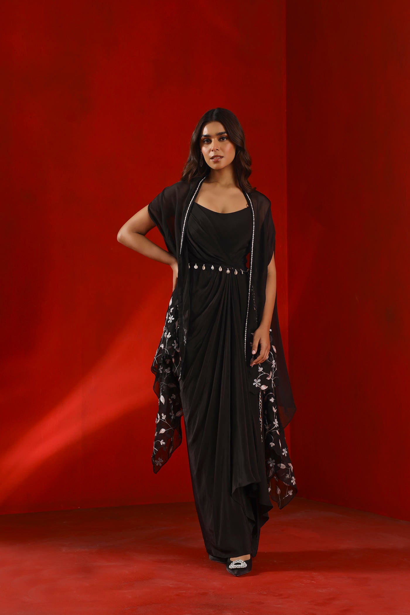 Black magnolia drape dress and cape set