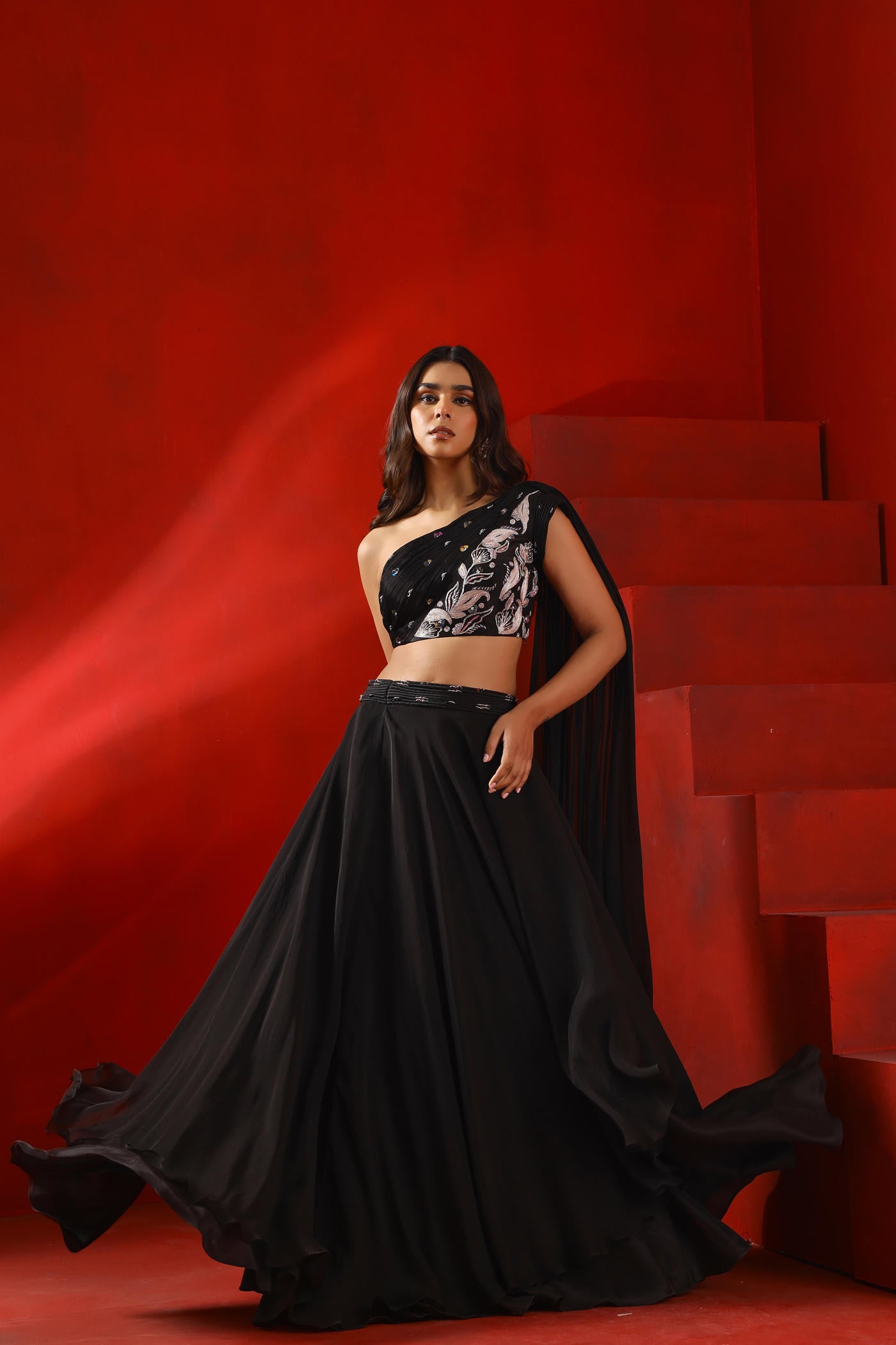 Black magnolia one shoulder drape layered lehenga set