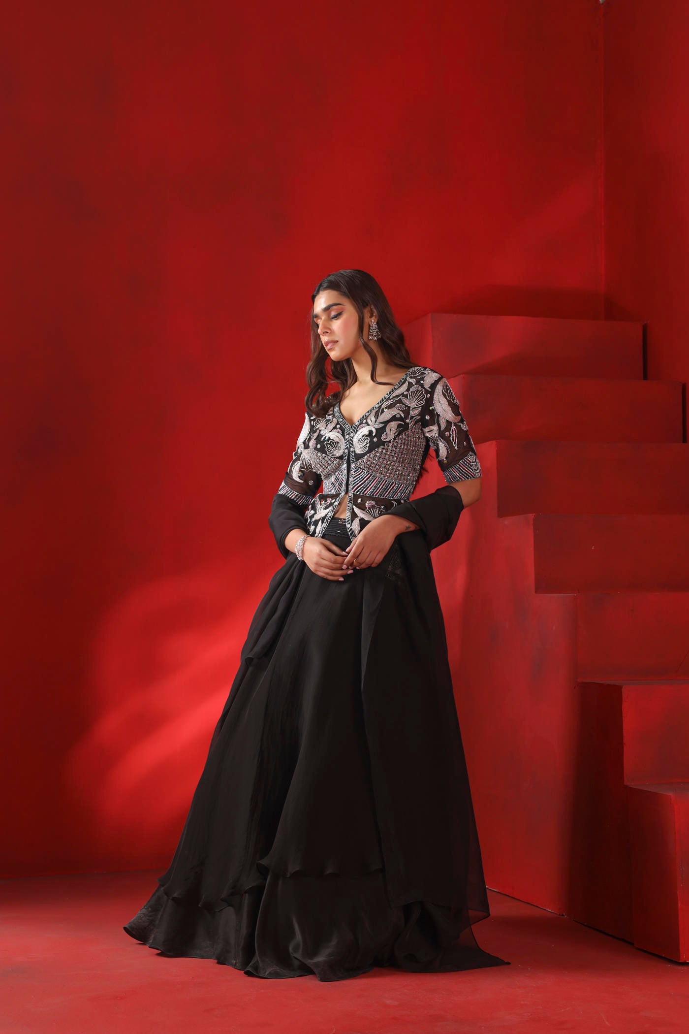 Black magnolia embroidered jacket and lehenga set