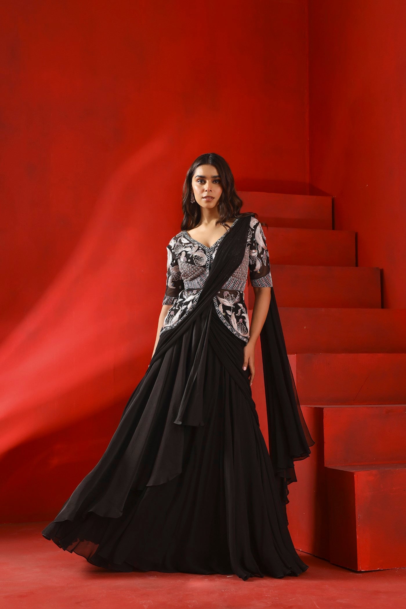 Black magnolia drape concept saree set