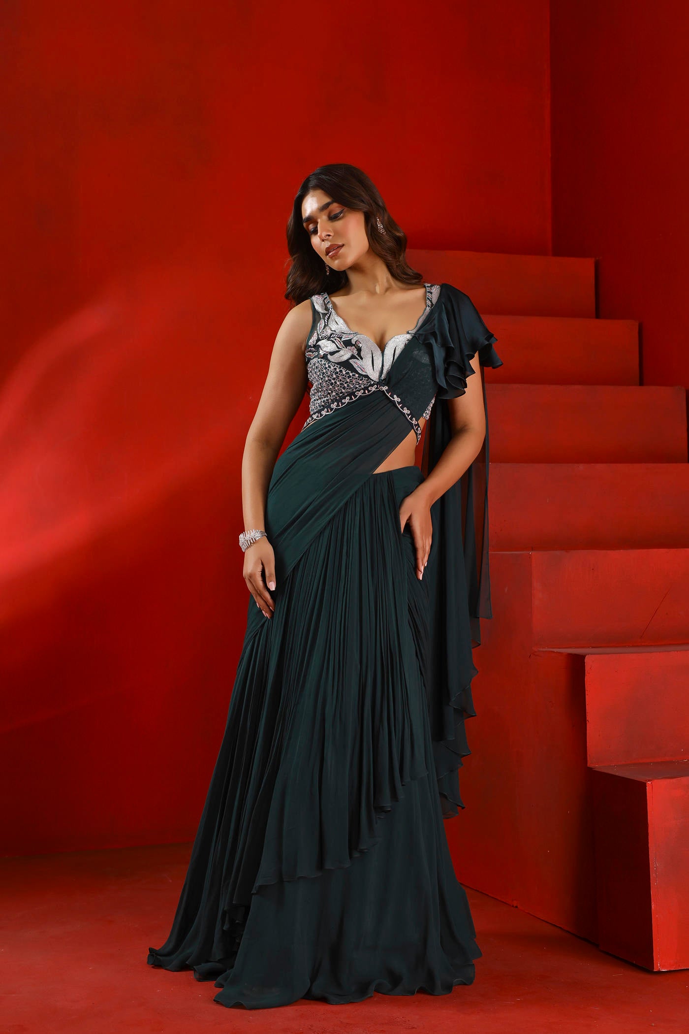 Midnight green drape concept saree set