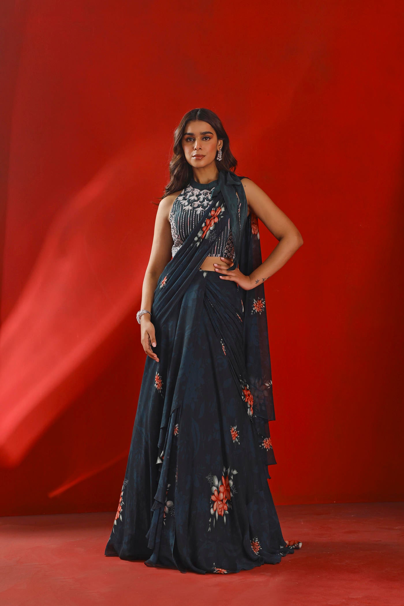 Midnight green printed drape concept saree set