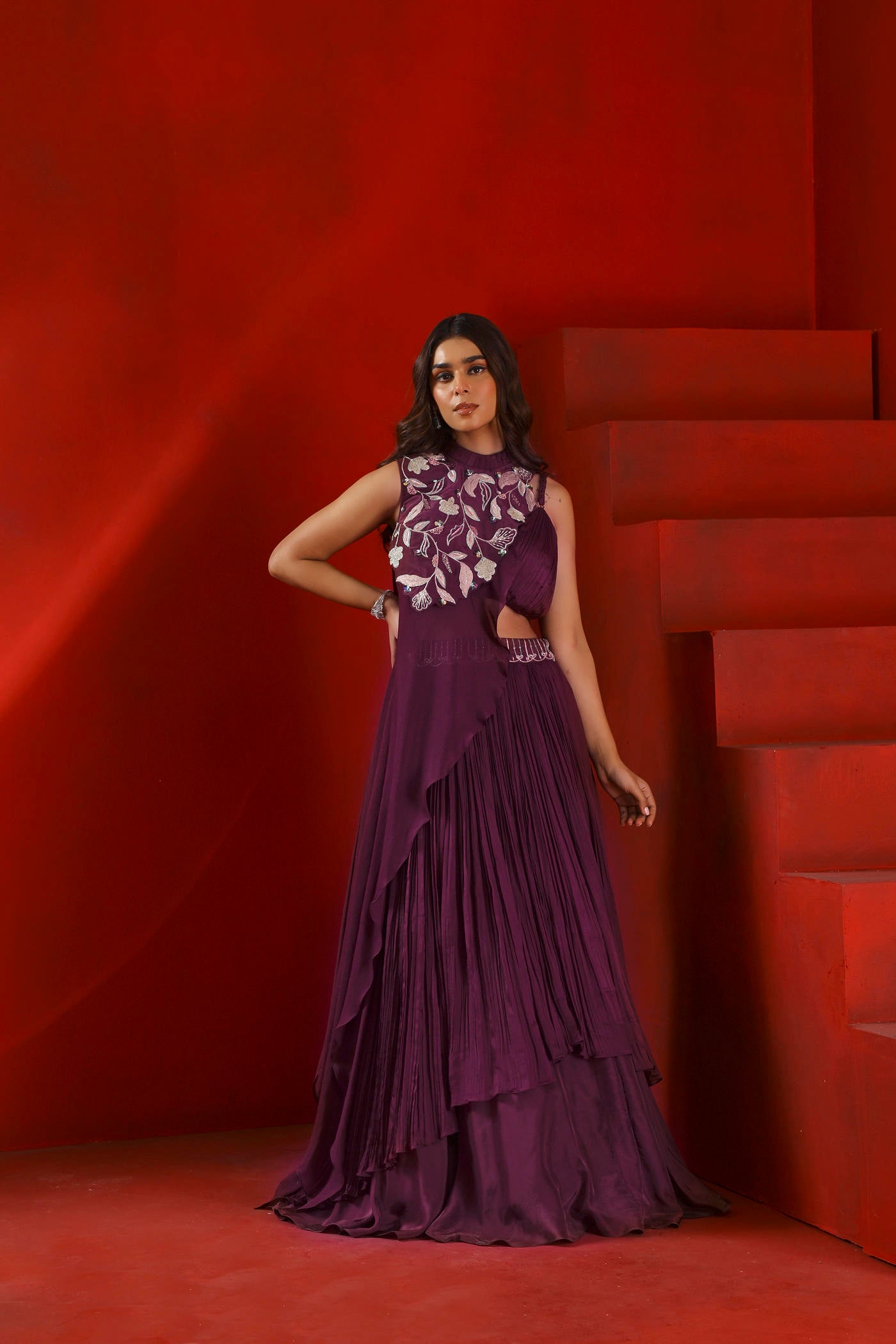 Mahagony wine embroidered lehenga set with drape cape