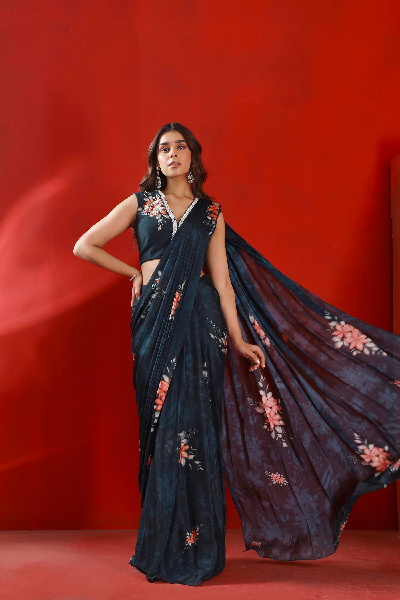 Midnight green prestitched saree set