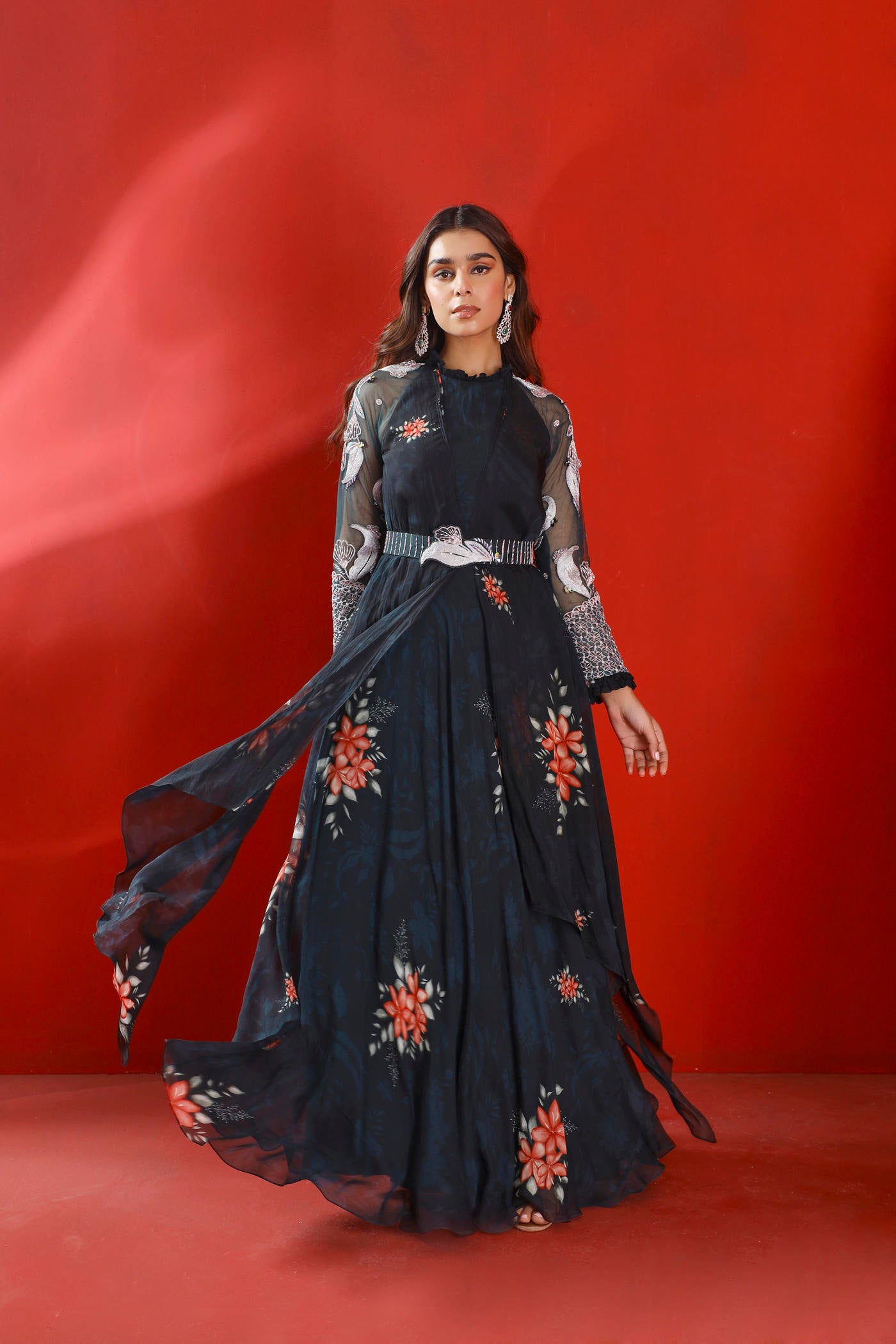 Midnight green printed and embroidered gown set