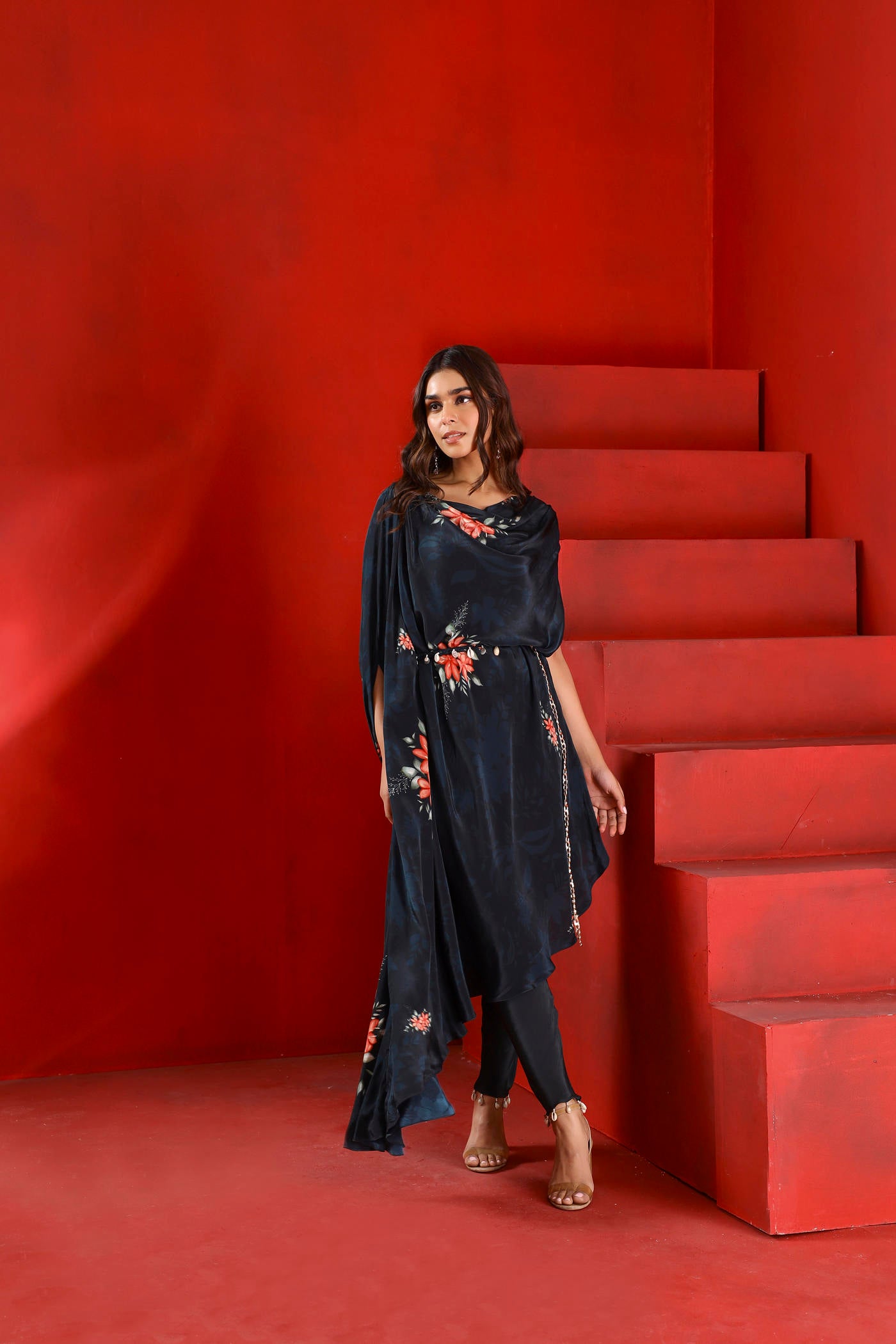 Midnight green drape kaftan tunic set