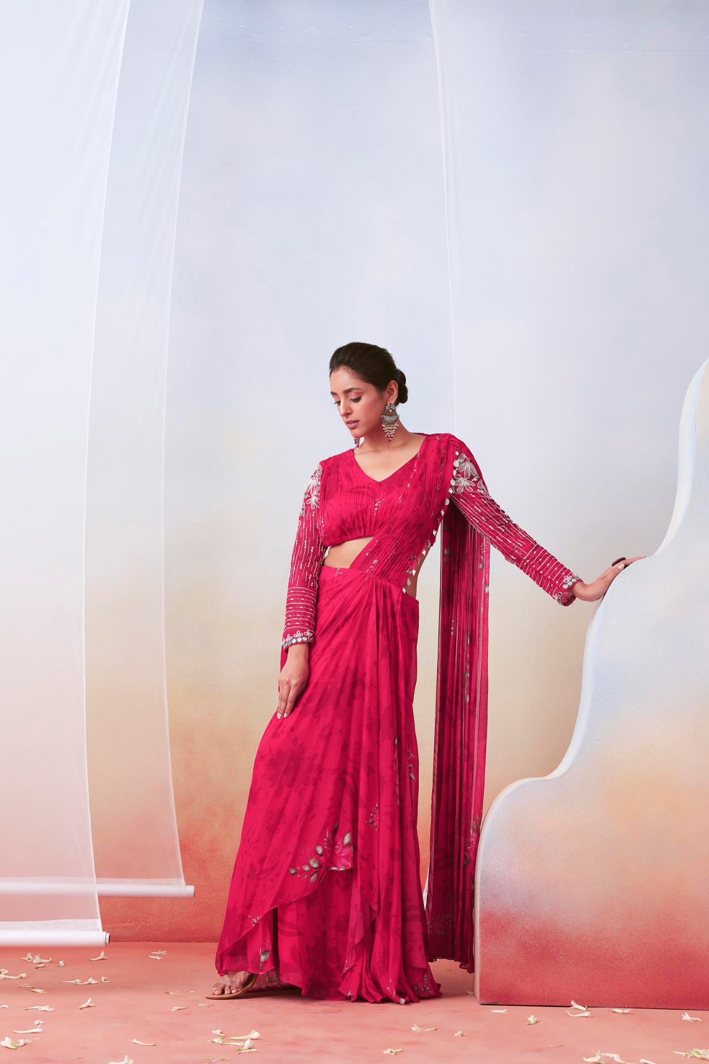 Pink floral printed and embroidered pre stitched saree set