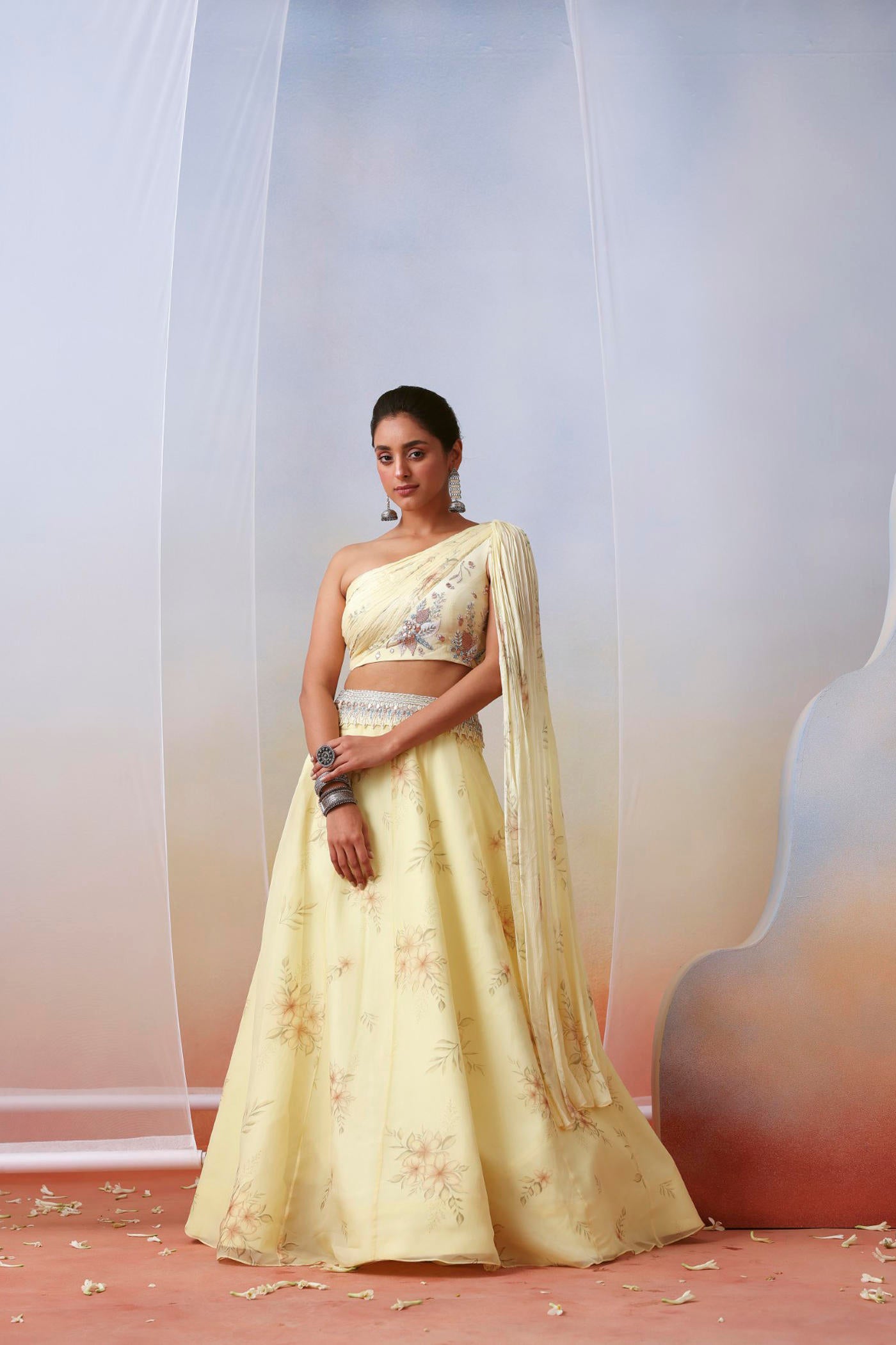 Off white printed and embroidered drape lehenga set