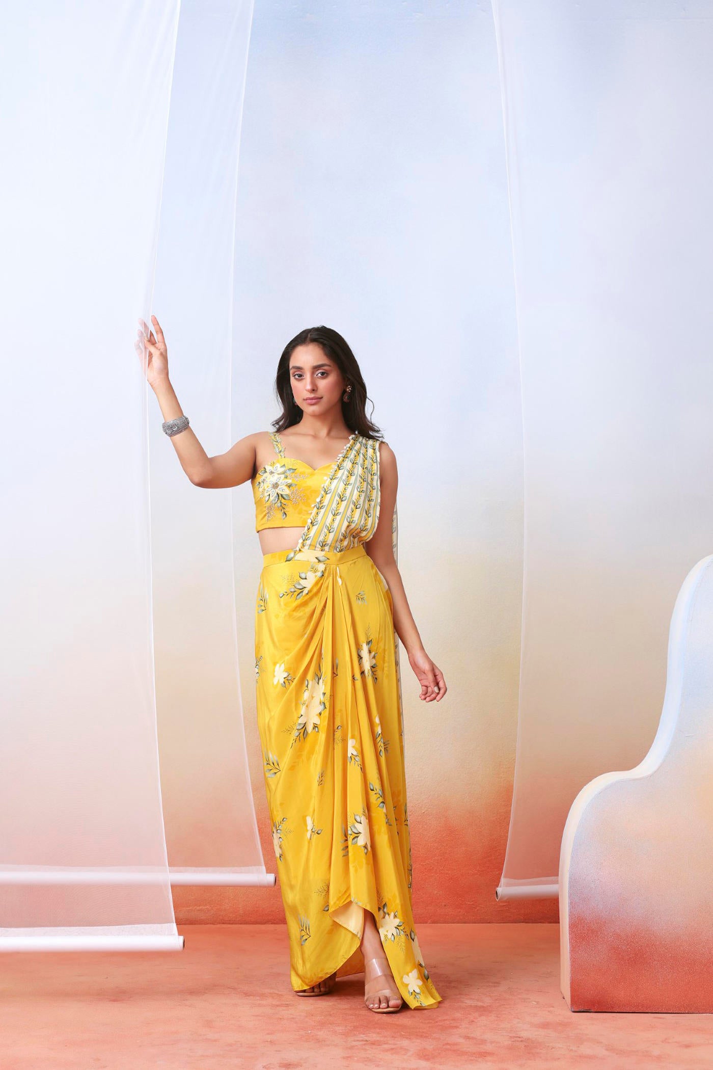 Yellow printed pre stitched saree set
