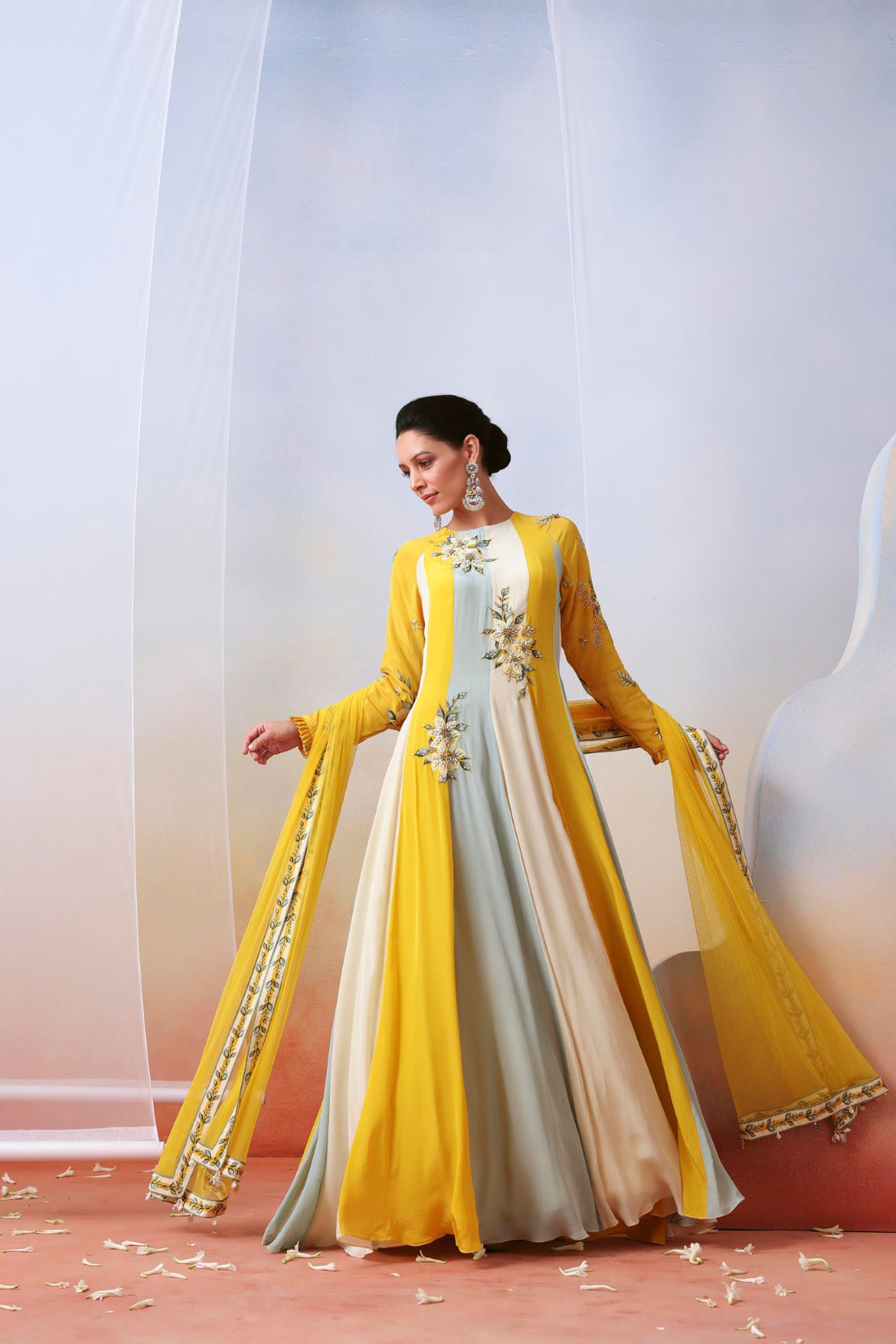 Multi color block embroidered Anarkali set