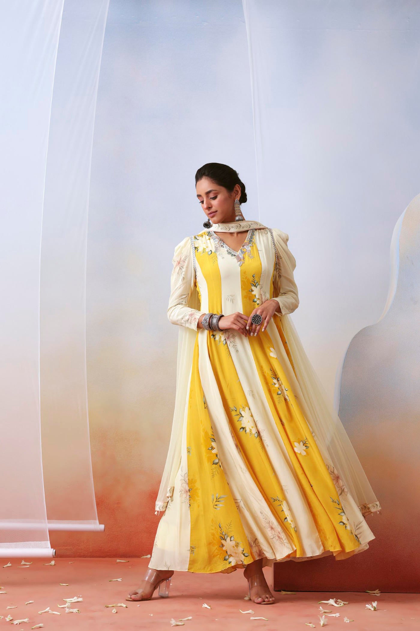 Multi color printed and embroidered anarakali set