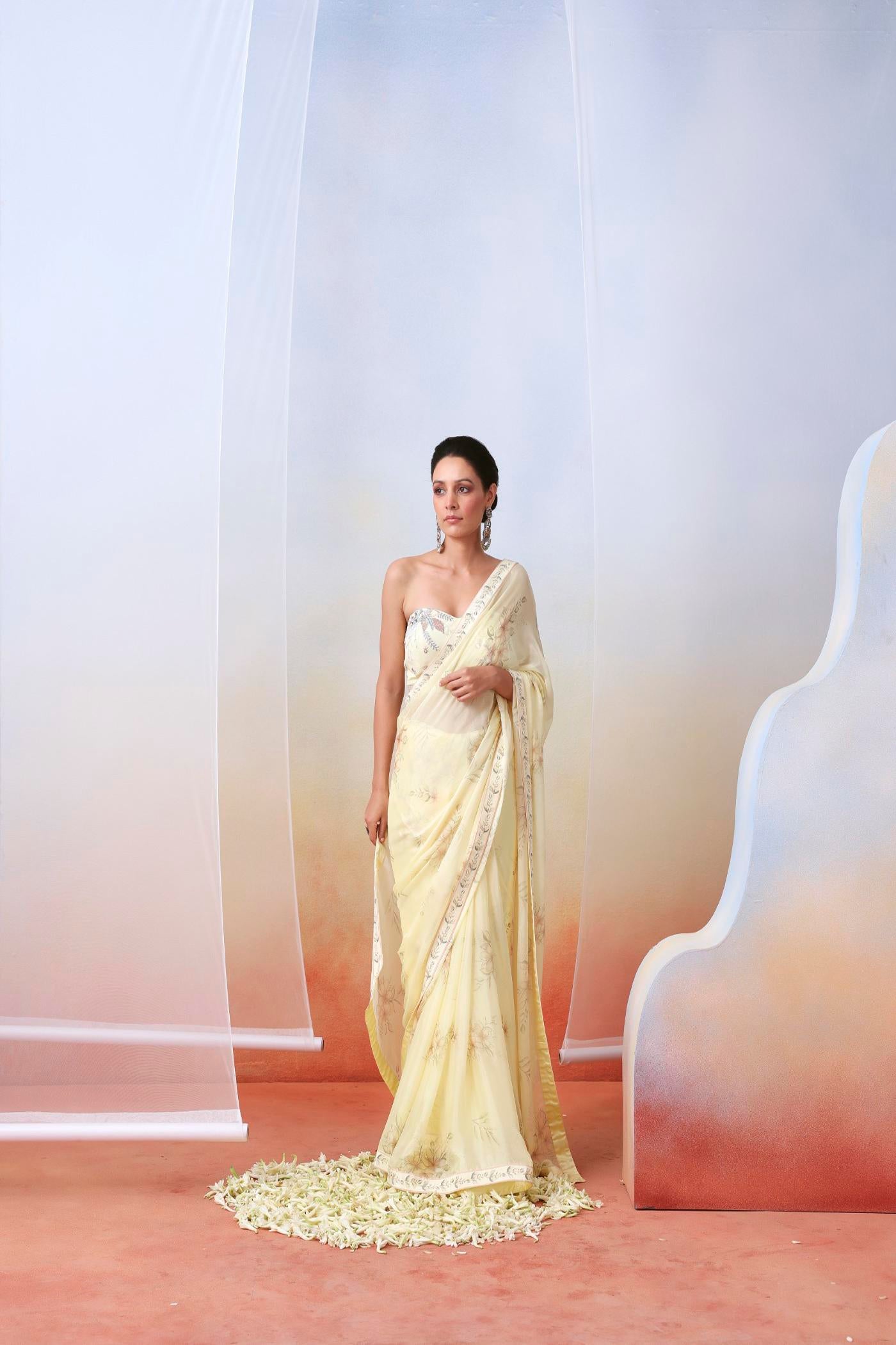 Off white printed and embroidered saree set