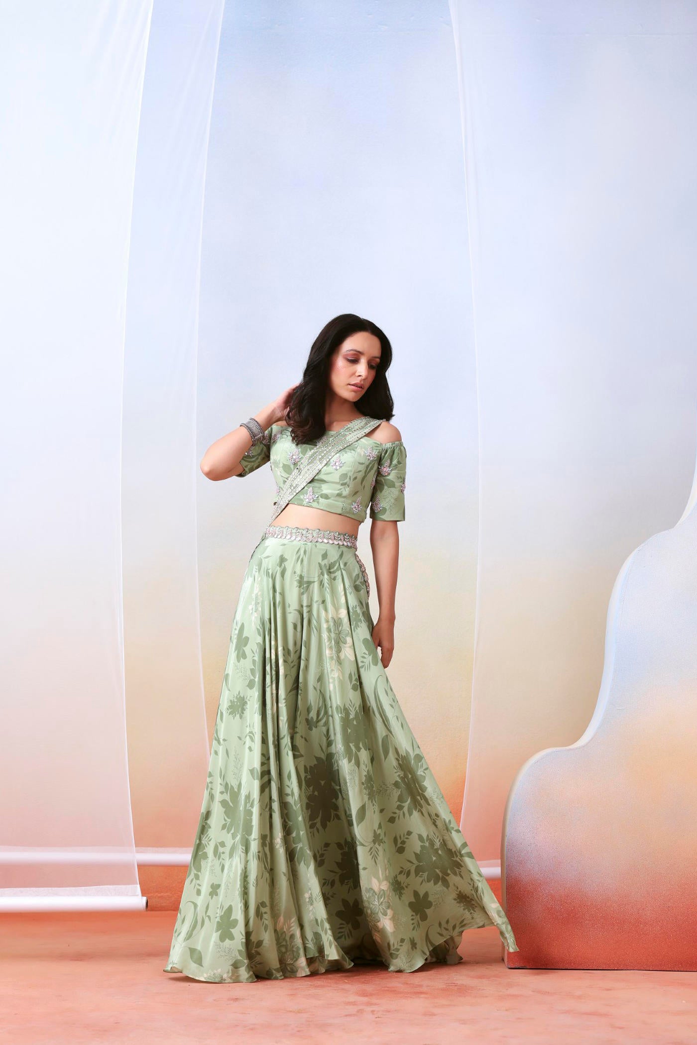 Sage green printed and embroidered sharara set