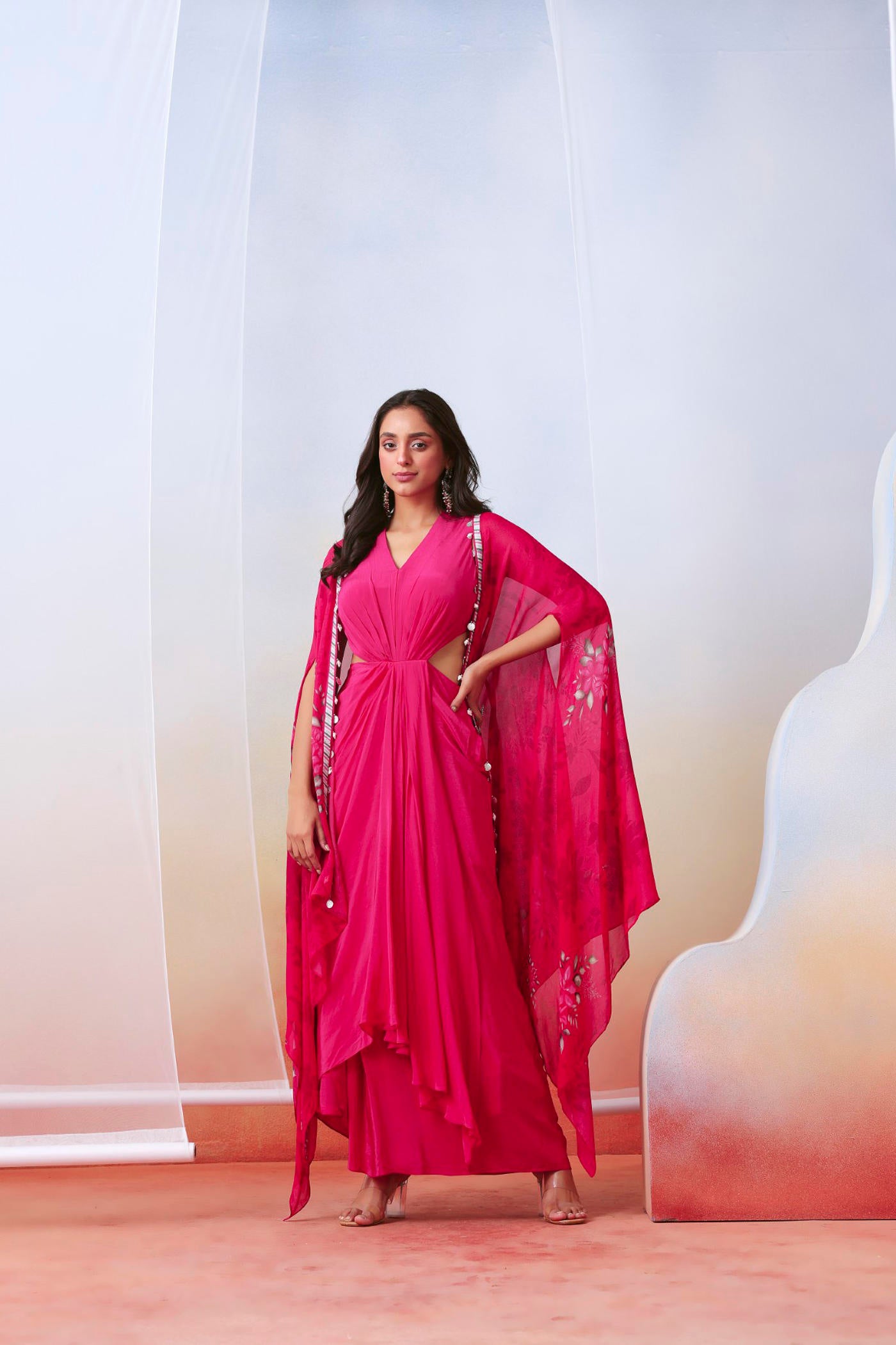 Pink drape dress with printed cape jacket