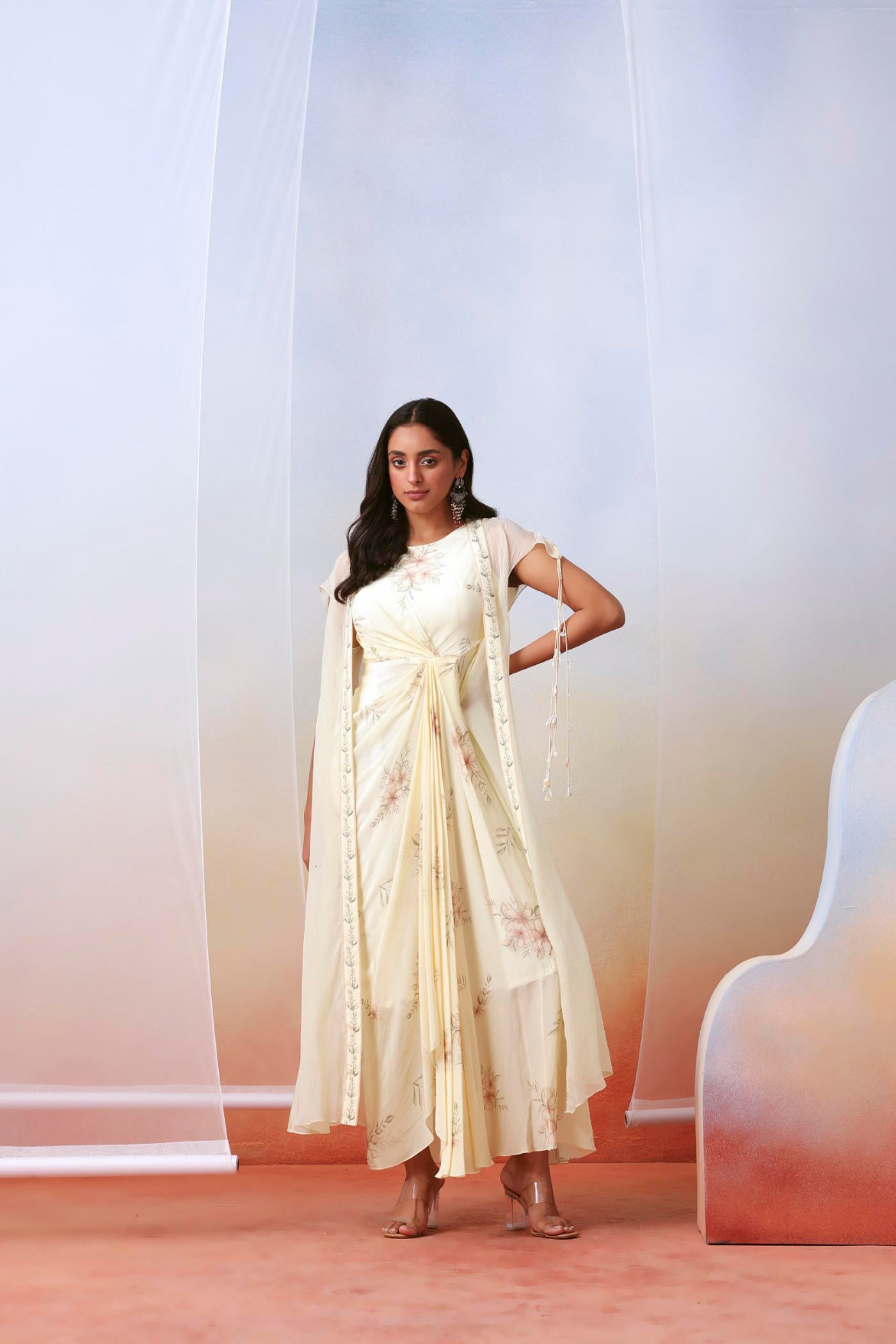 Off white printed drape dress with embellished cape