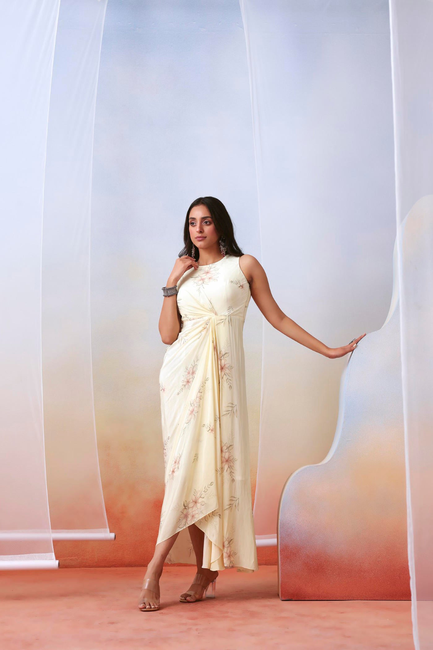 Off white printed drape dress