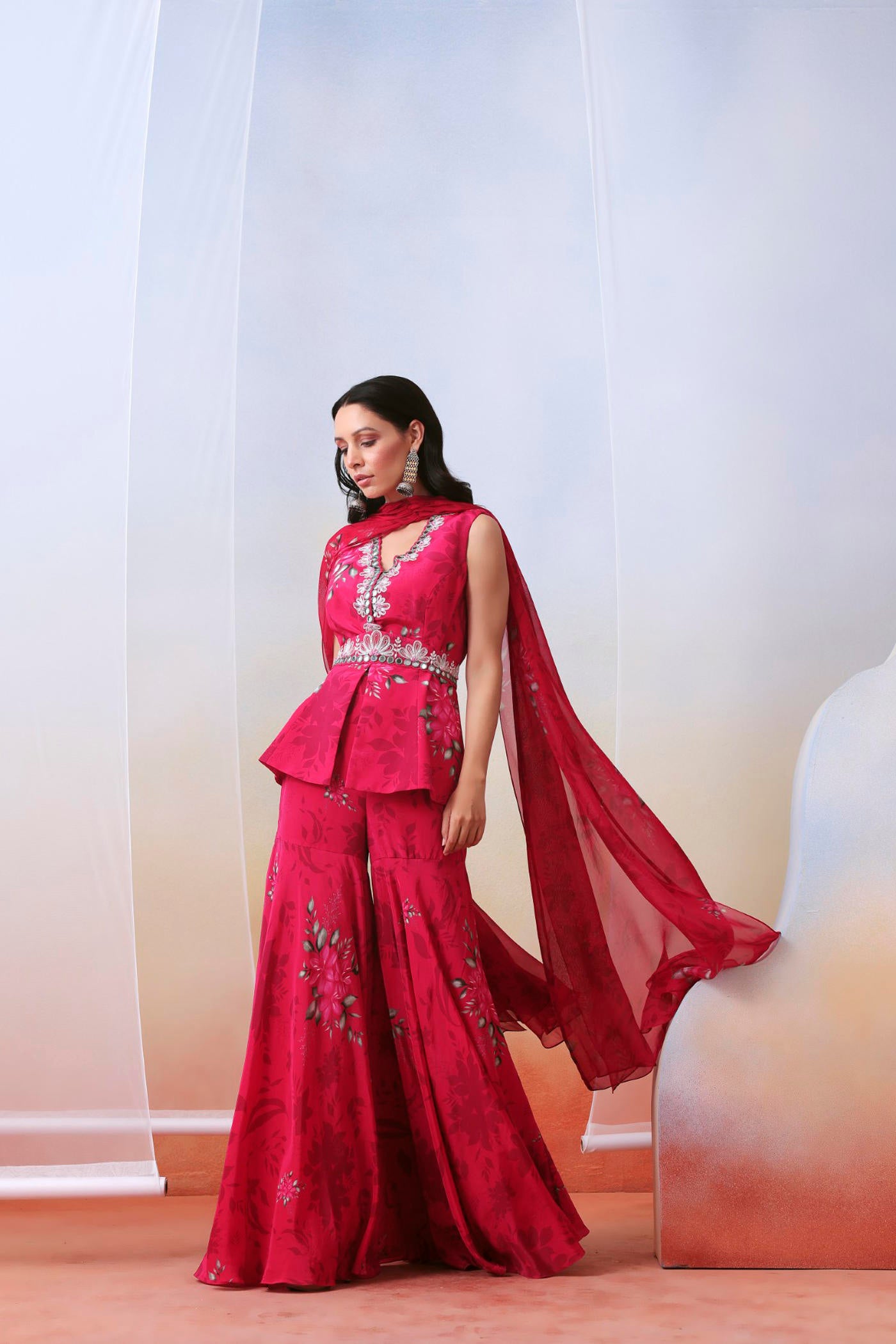 Pink printed and embroidered sharara set with drape dupatta