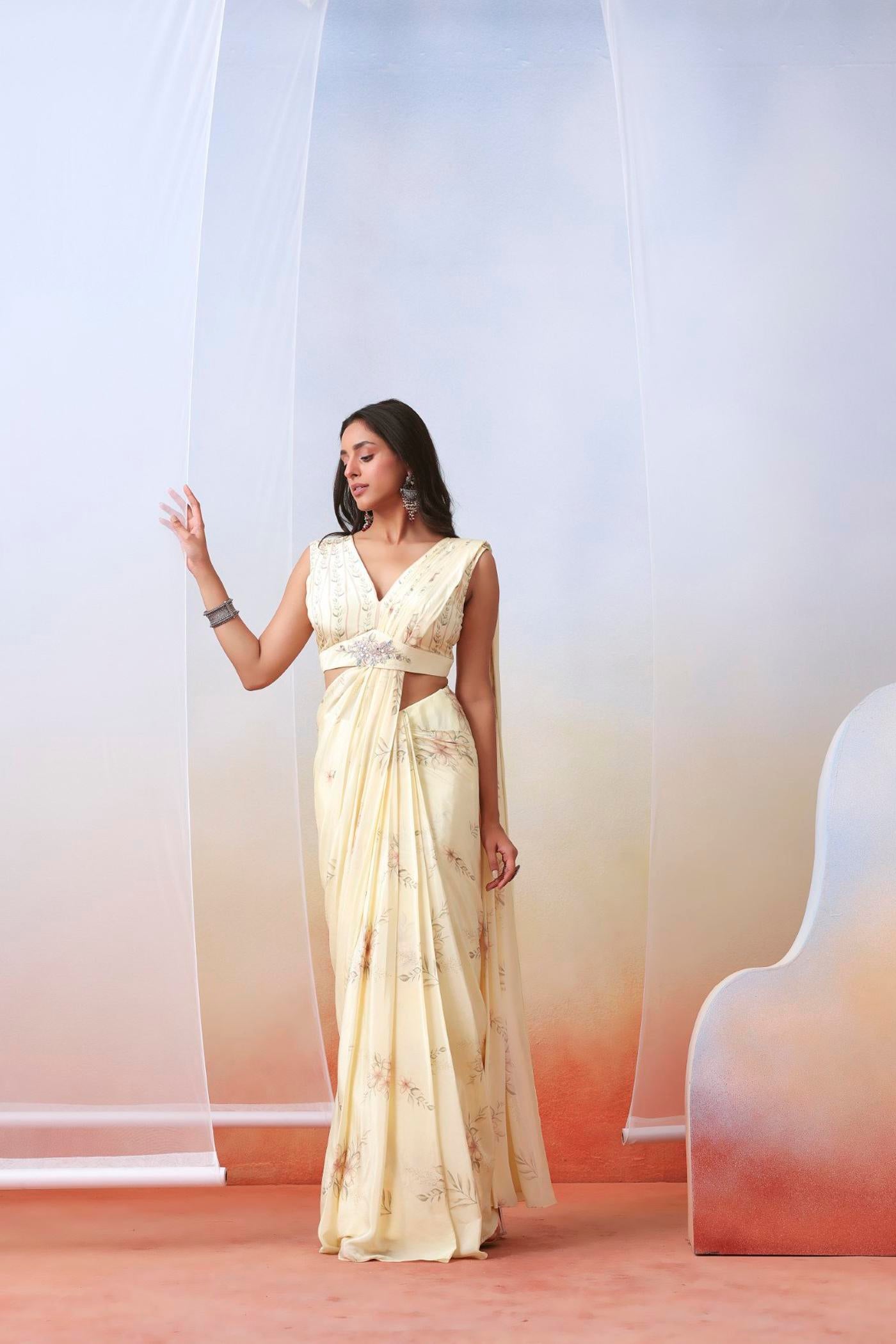 Off white printed and embroidered pre stitched saree set