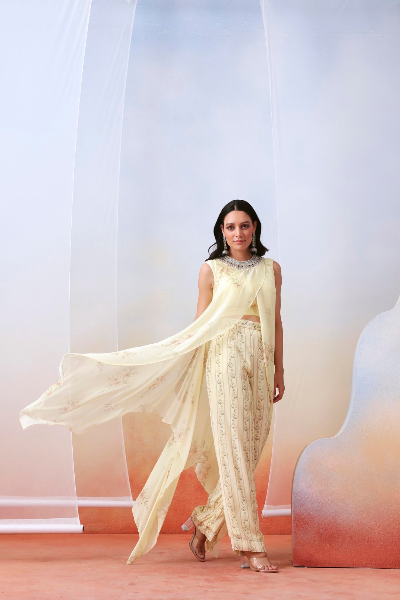 Off white pant set with embellished drape tunic