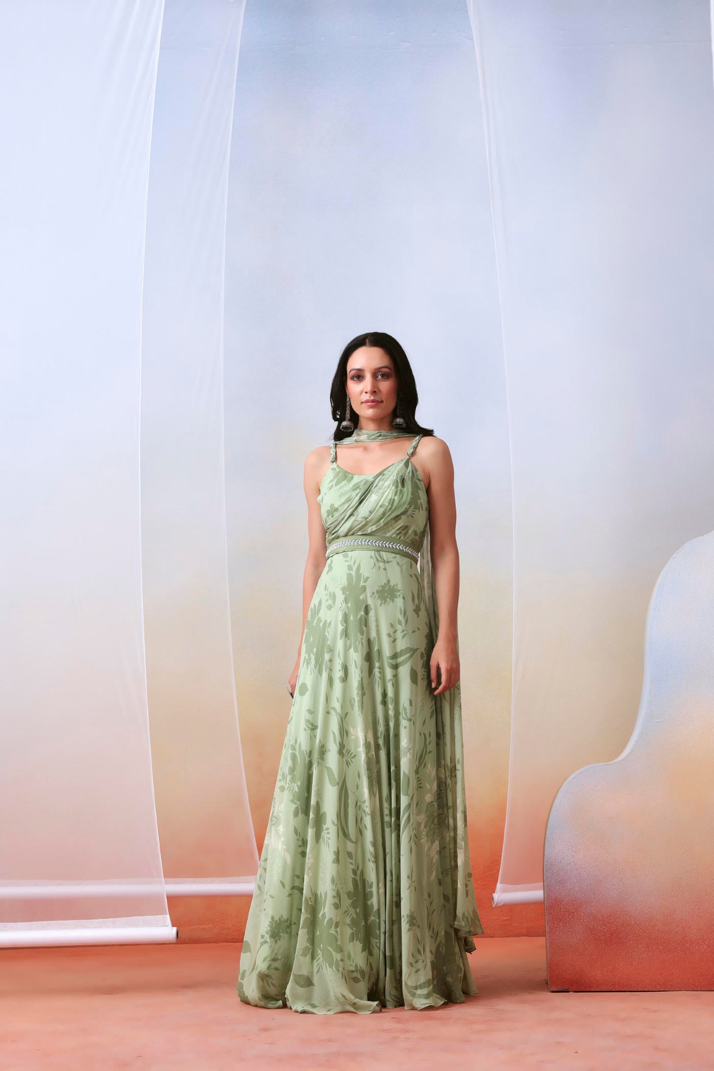 Sage green printed drape anarkali set