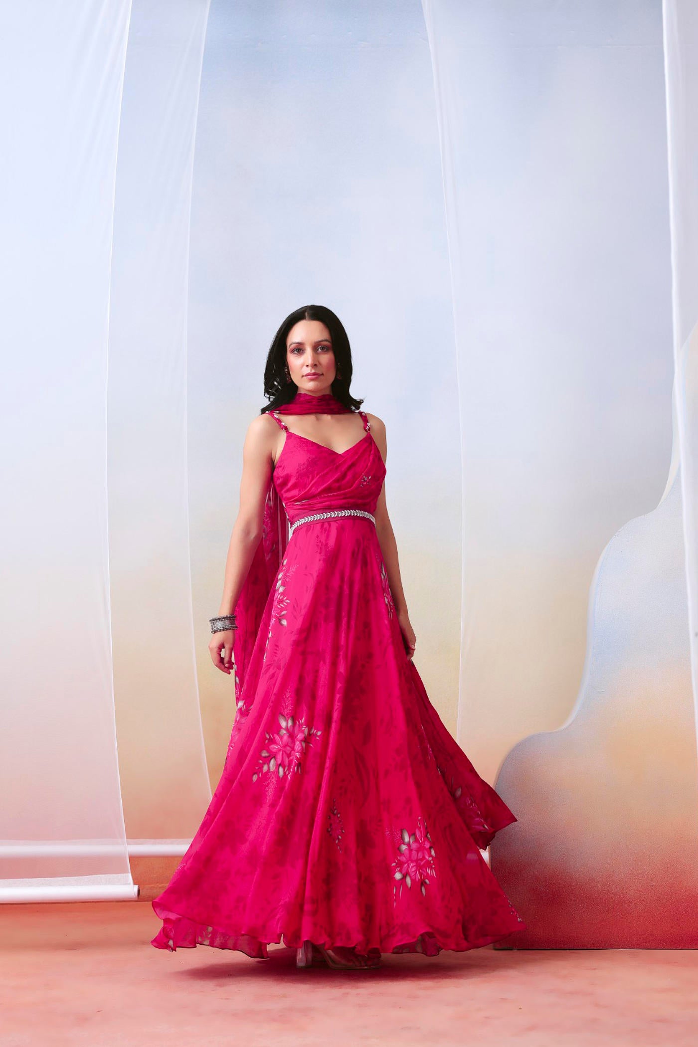 Pink printed drape anarkali set