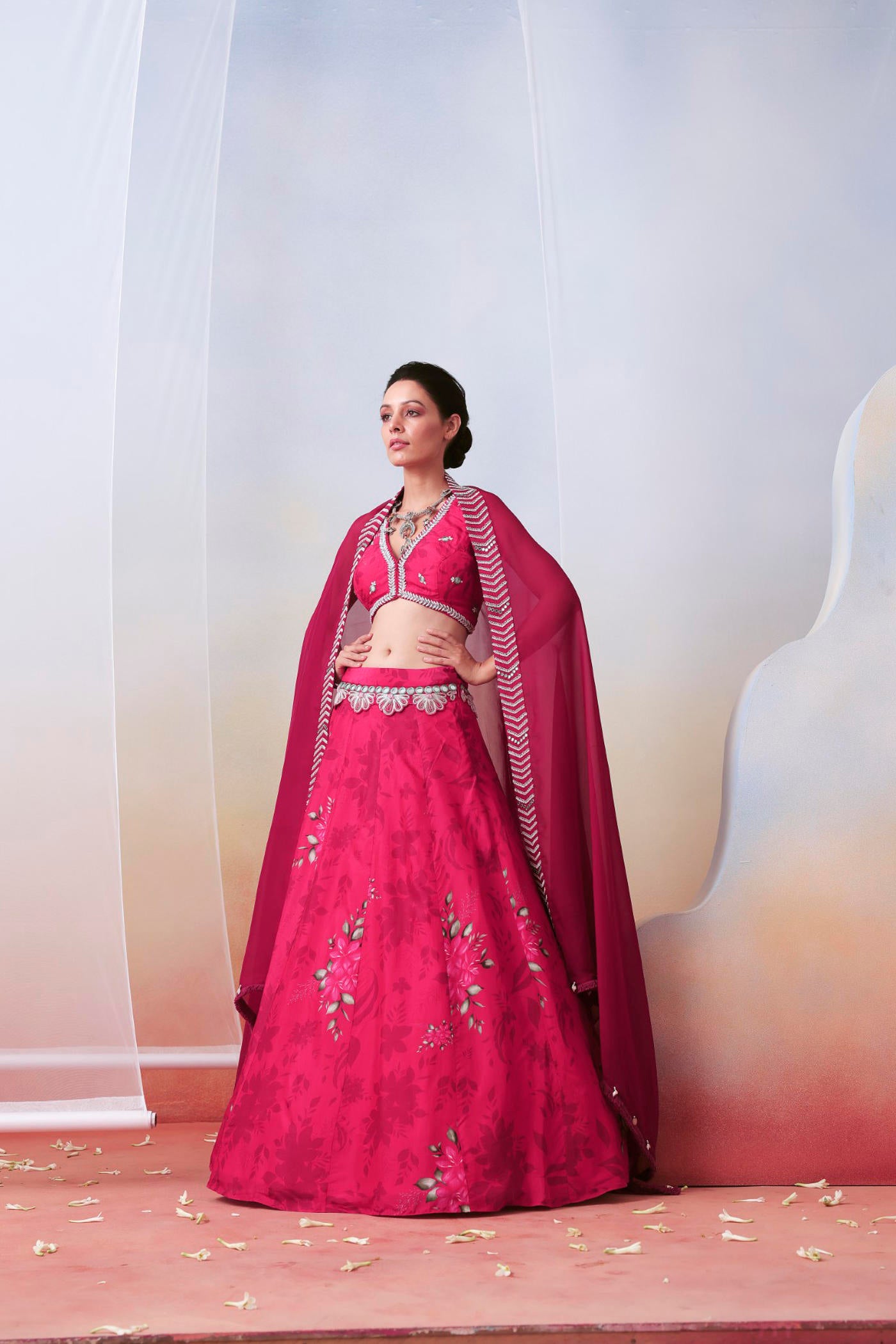 Pink printed and embroidered lehenga set