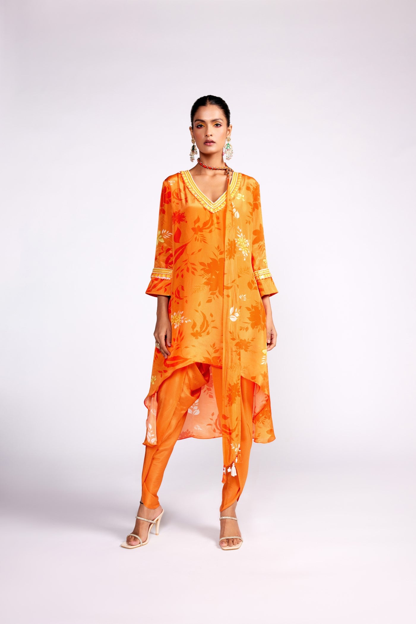 Tangerine orange assymteric kurta set