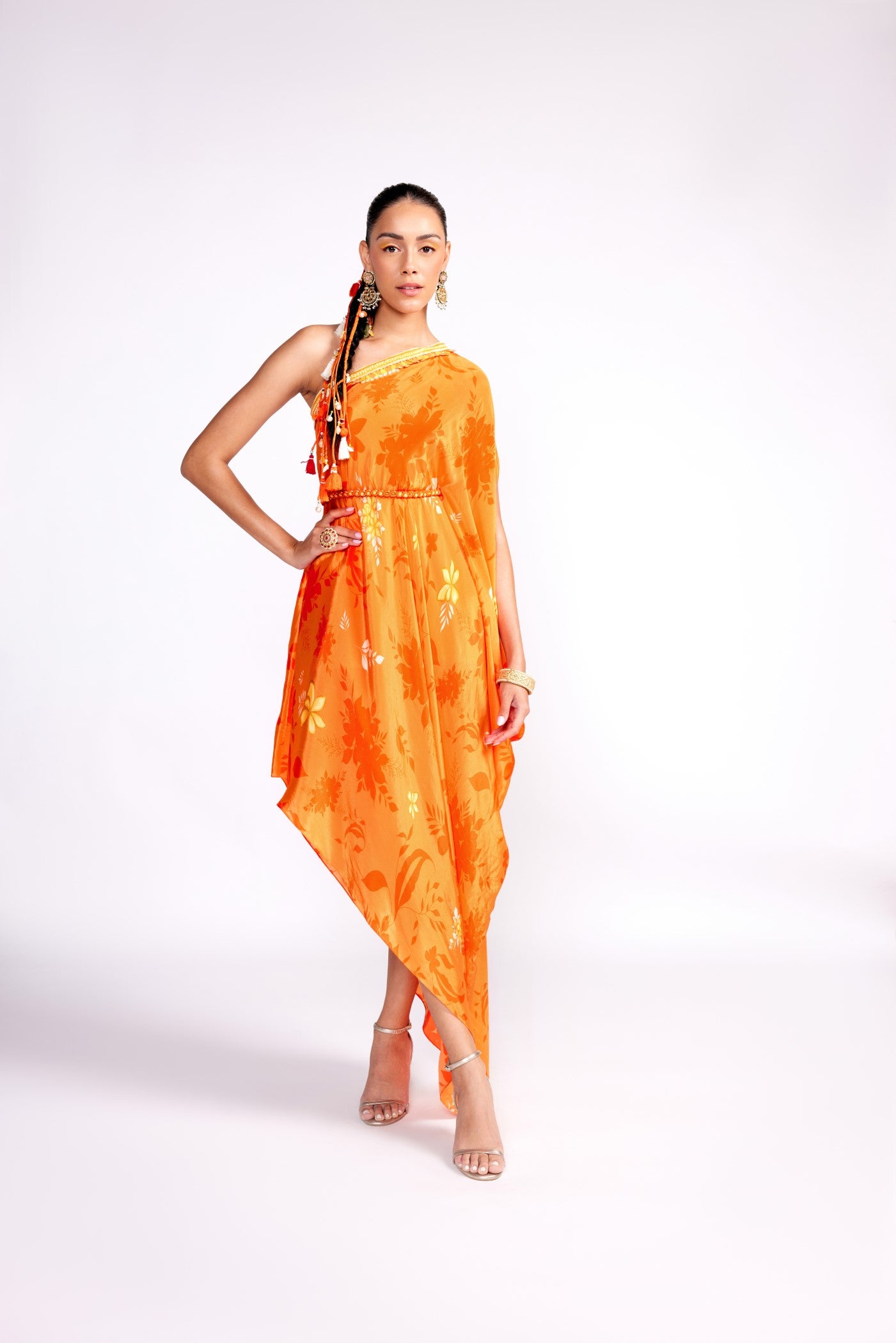 Tangerine orange one shoulder kaftan dress