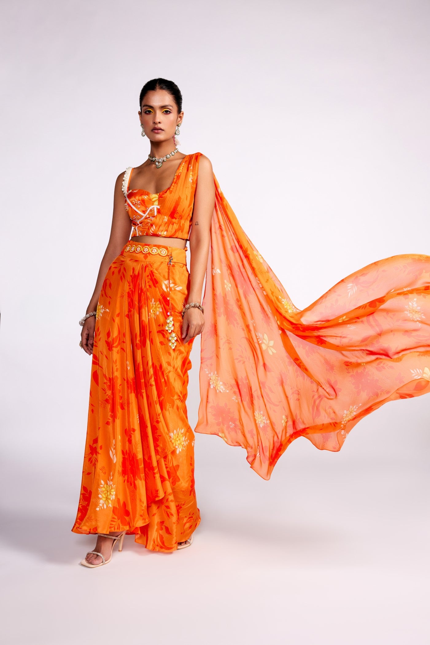 Tangerine orange drape skirt set