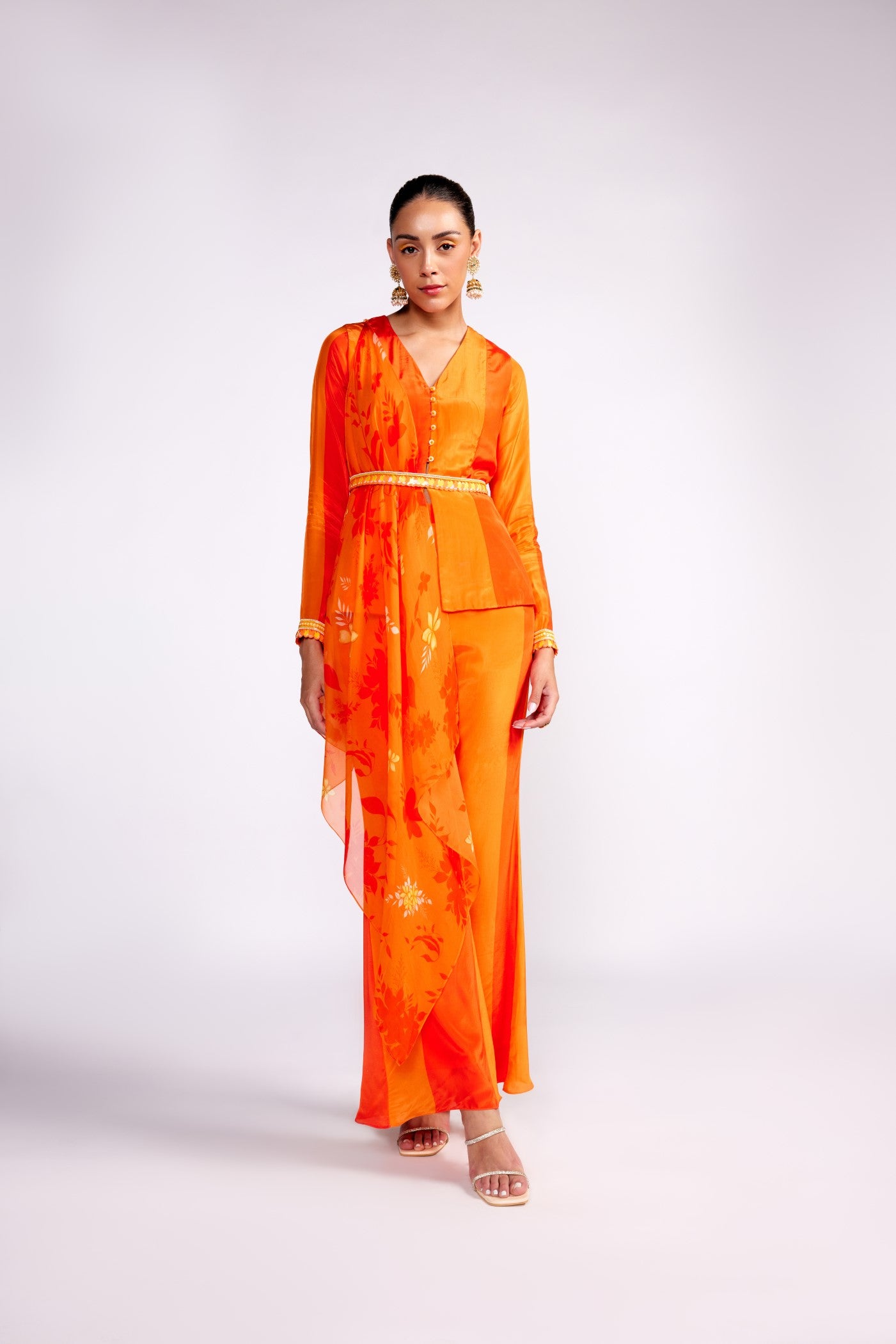 Tangerine orange color block pant set