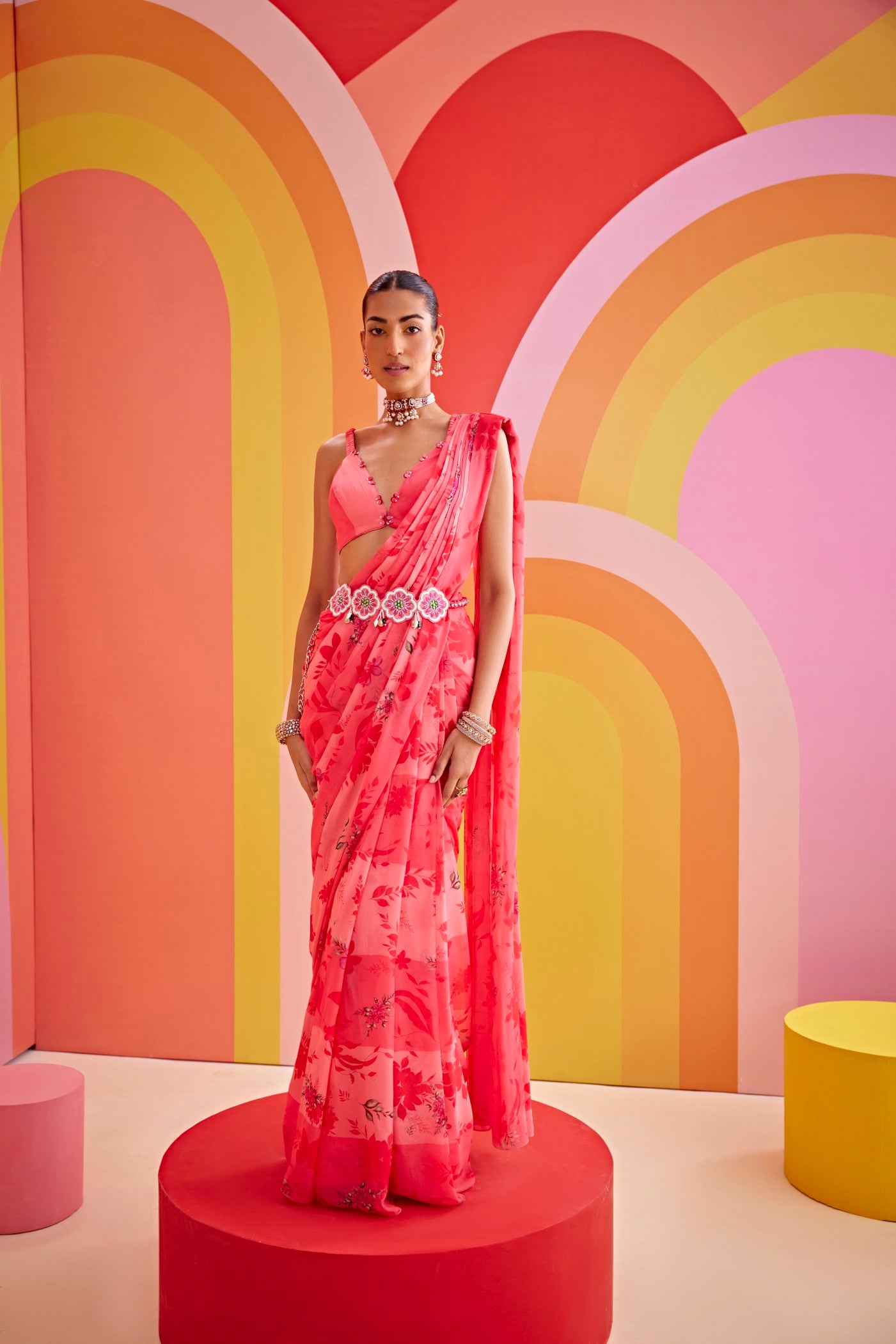 Watermelon pink pre drape saree set