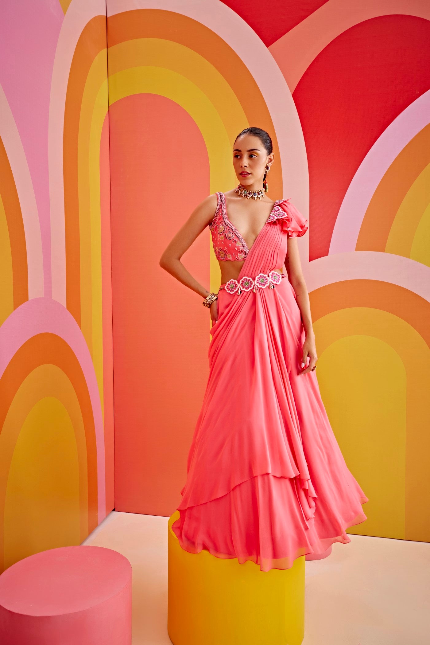 Watermelon pink drape saree set