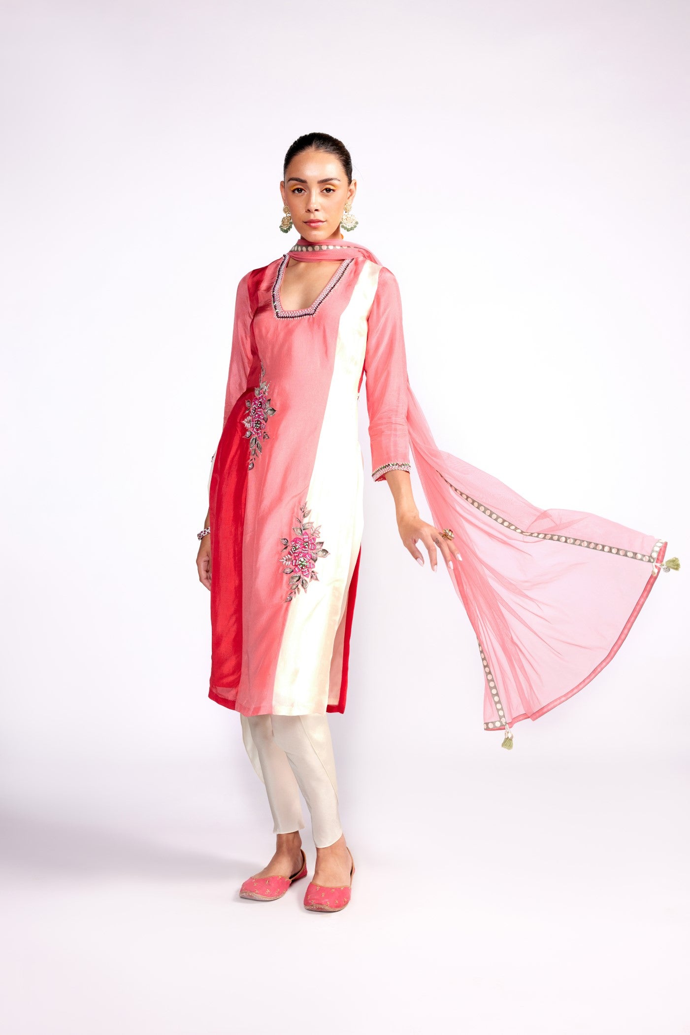 Flamingo pink color block kurta set