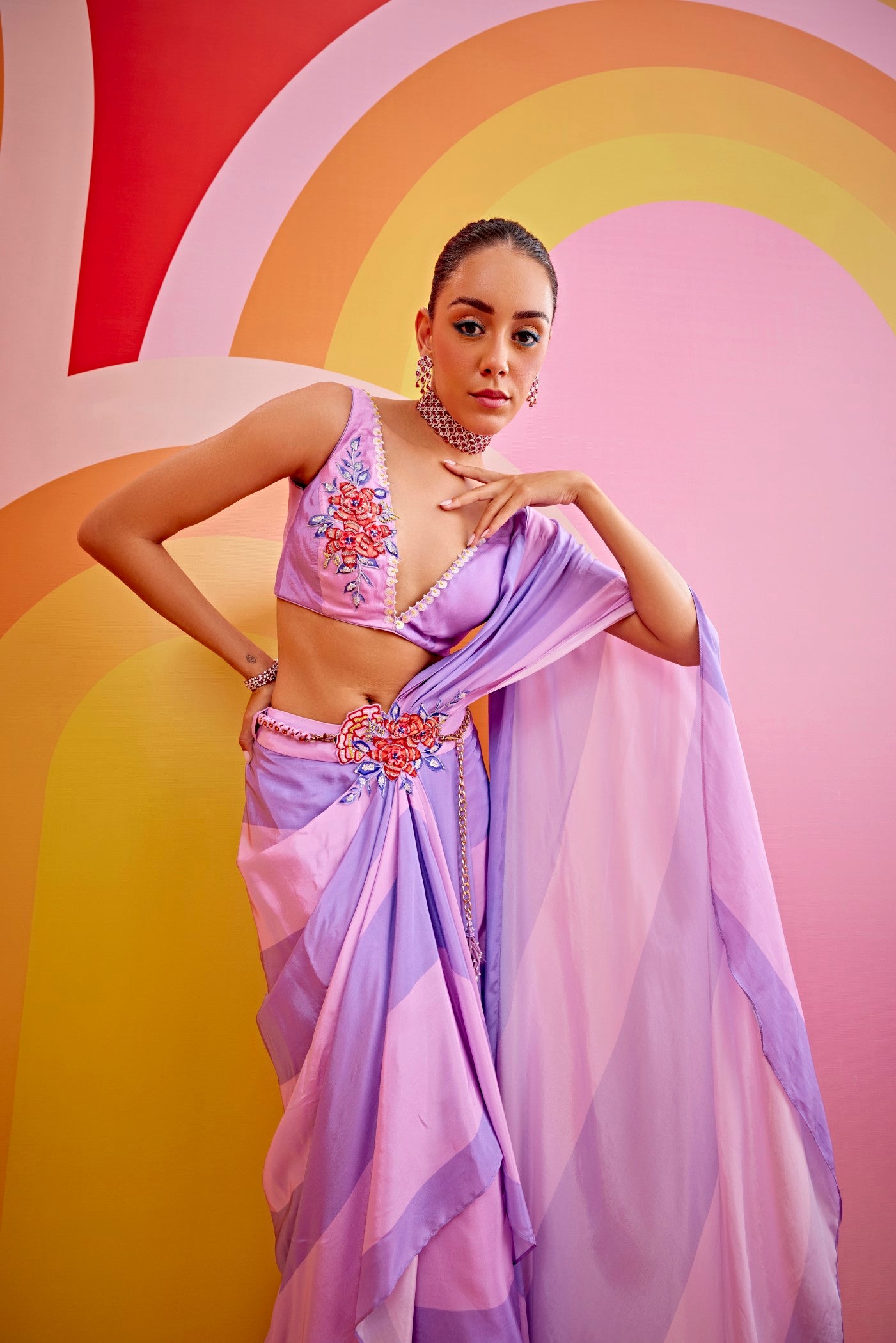 Lilac color block embroidrerd drape saree