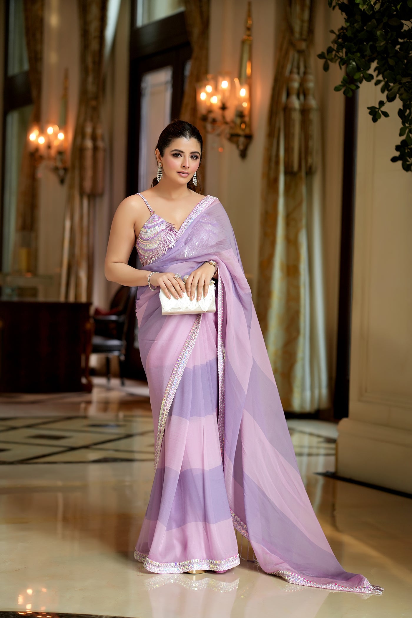 Natasha Luthra in Lilac color block embroidered organza saree set