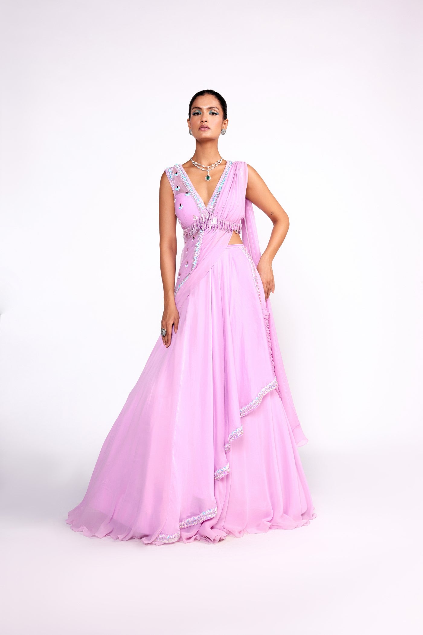 Lilac embroidered drape saree set