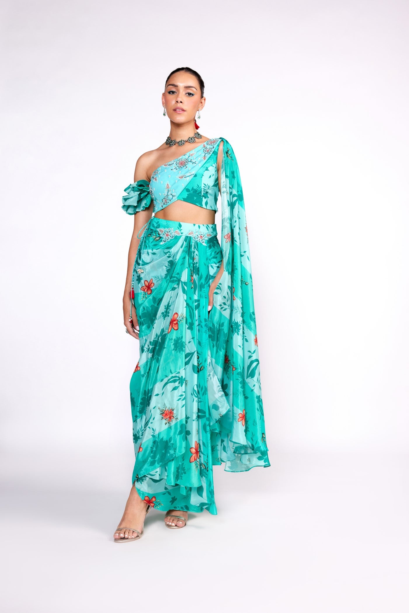 Aqua green drape skirt set