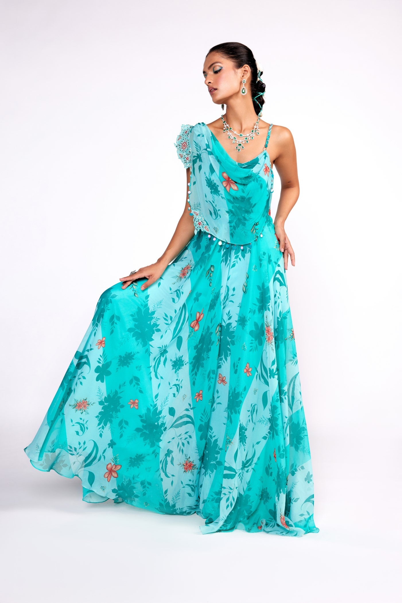 Aqua green embroidered drape jumpsuit