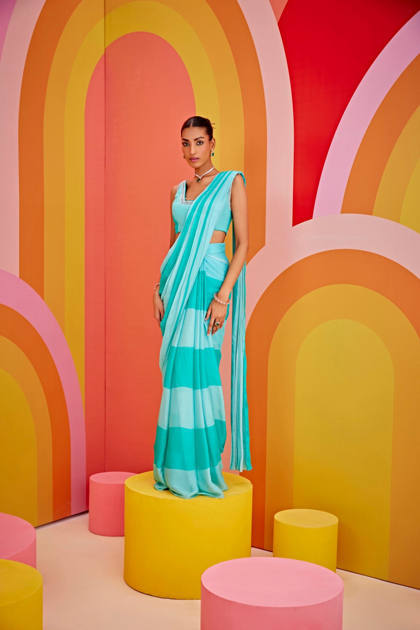 Aqua green color block drape saree